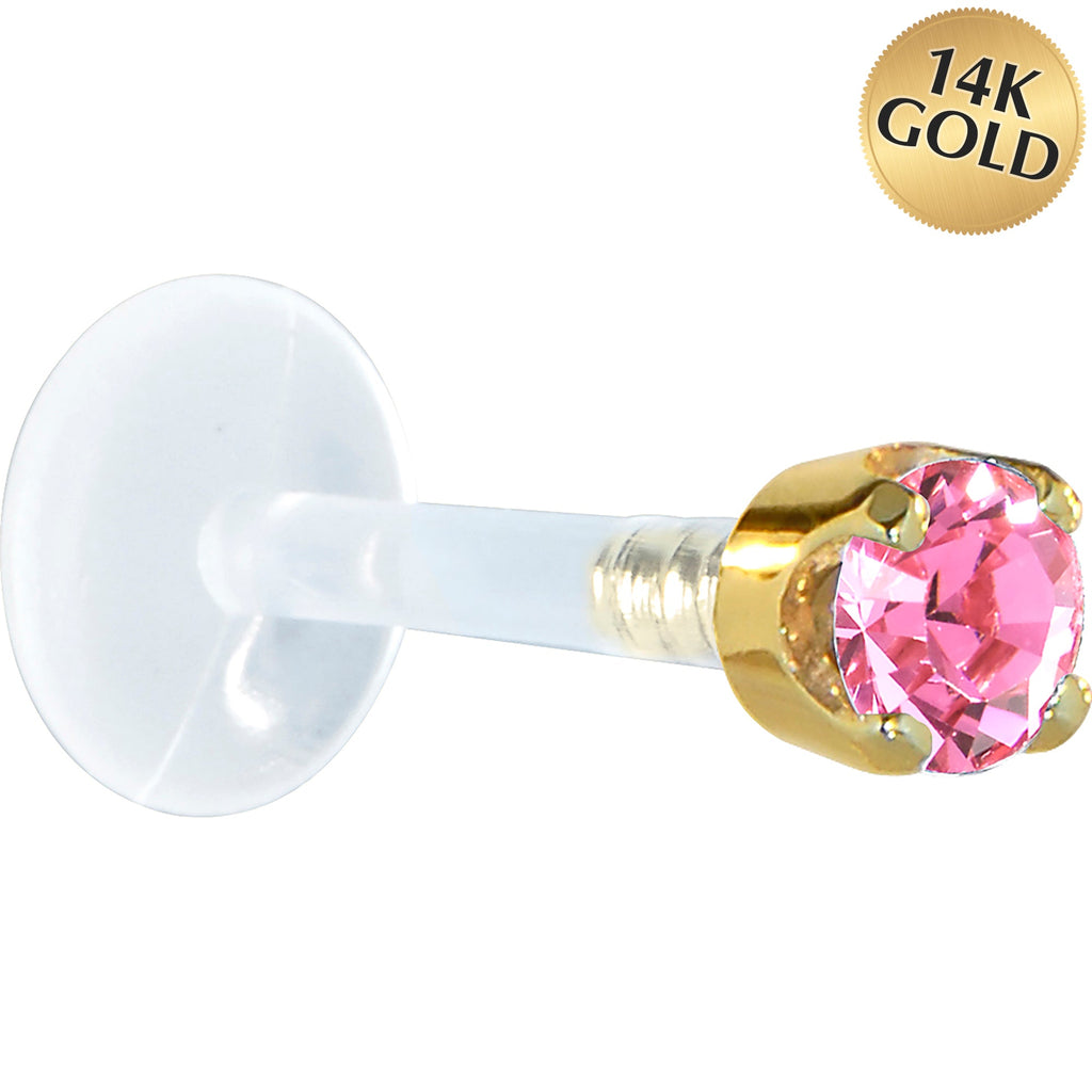 BodyCandy 16G 5/16 Solid 14K Yellow Gold 3mm Pink Cubic Zirconia Bioplast Tragus Earring Stud — main product shot