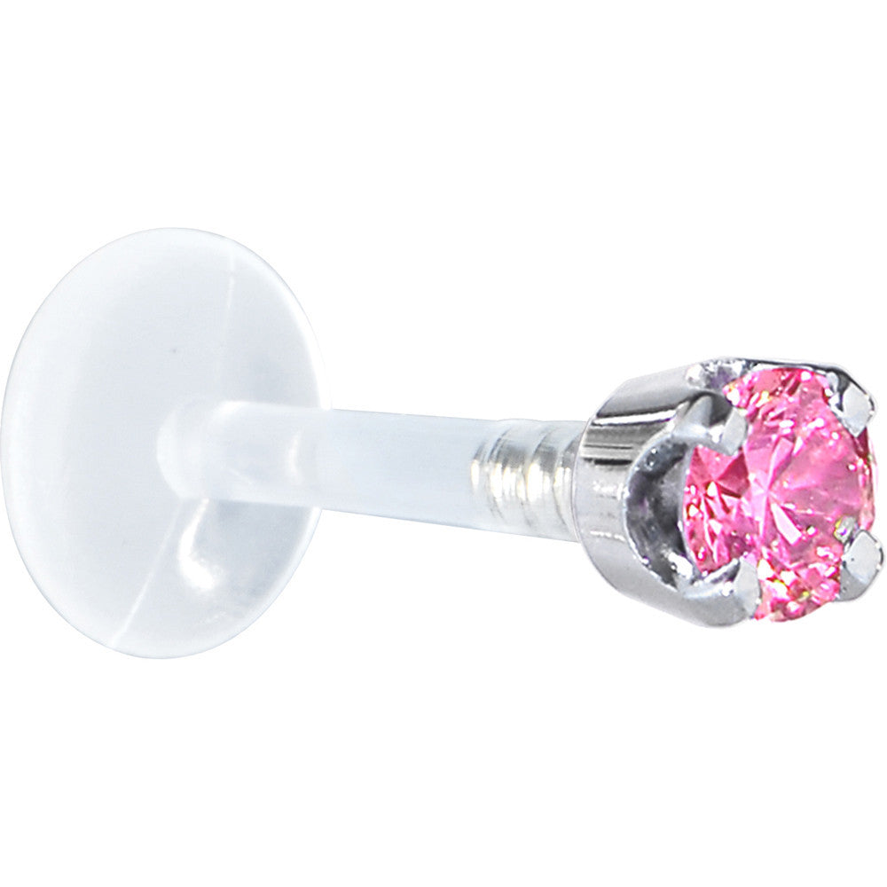 BodyCandy 16G 5/16 Solid 14K White Gold 3mm Pink Cubic Zirconia Bioplast Tragus Earring Stud — detail close-up