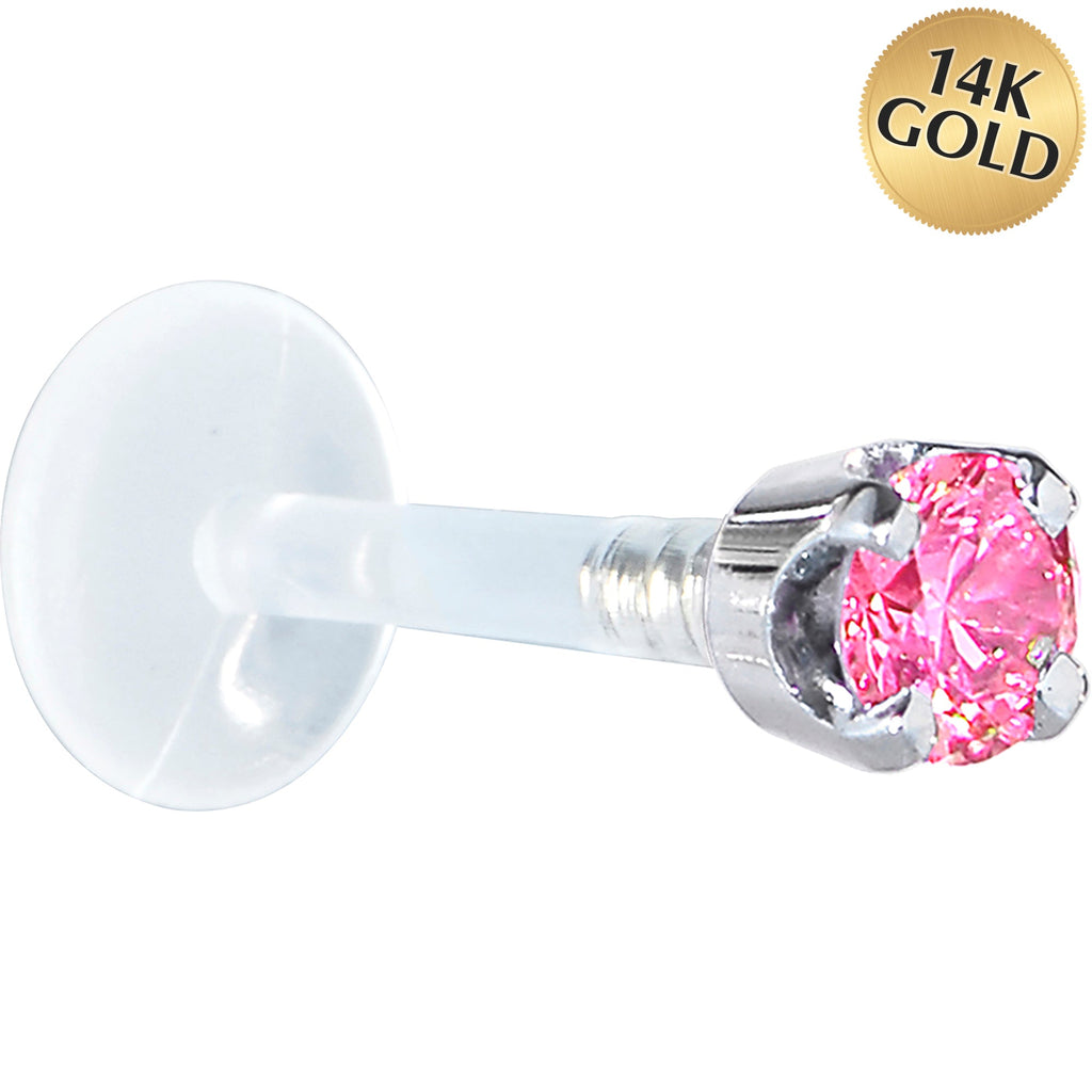 BodyCandy 16G 5/16 Solid 14K White Gold 3mm Pink Cubic Zirconia Bioplast Tragus Earring Stud — main product shot