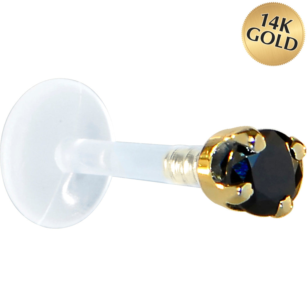 BodyCandy 16G 5/16 Solid 14K Yellow Gold 3mm Black Cubic Zirconia Bioplast Tragus Earring Stud — main product shot