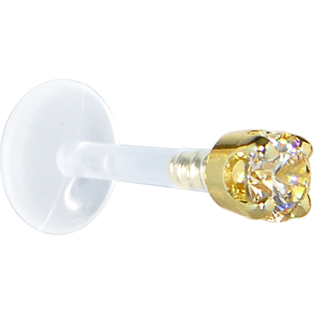 BodyCandy 16G 5/16 Solid 14K Yellow Gold 3mm Champagne Cubic Zirconia Bioplast Tragus Earring Stud — detail close-up