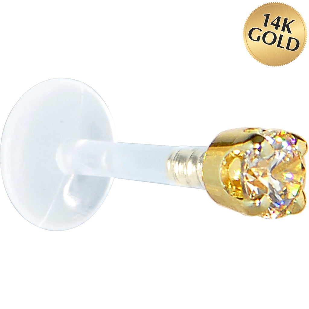 BodyCandy 16G 5/16 Solid 14K Yellow Gold 3mm Champagne Cubic Zirconia Bioplast Tragus Earring Stud — main product shot