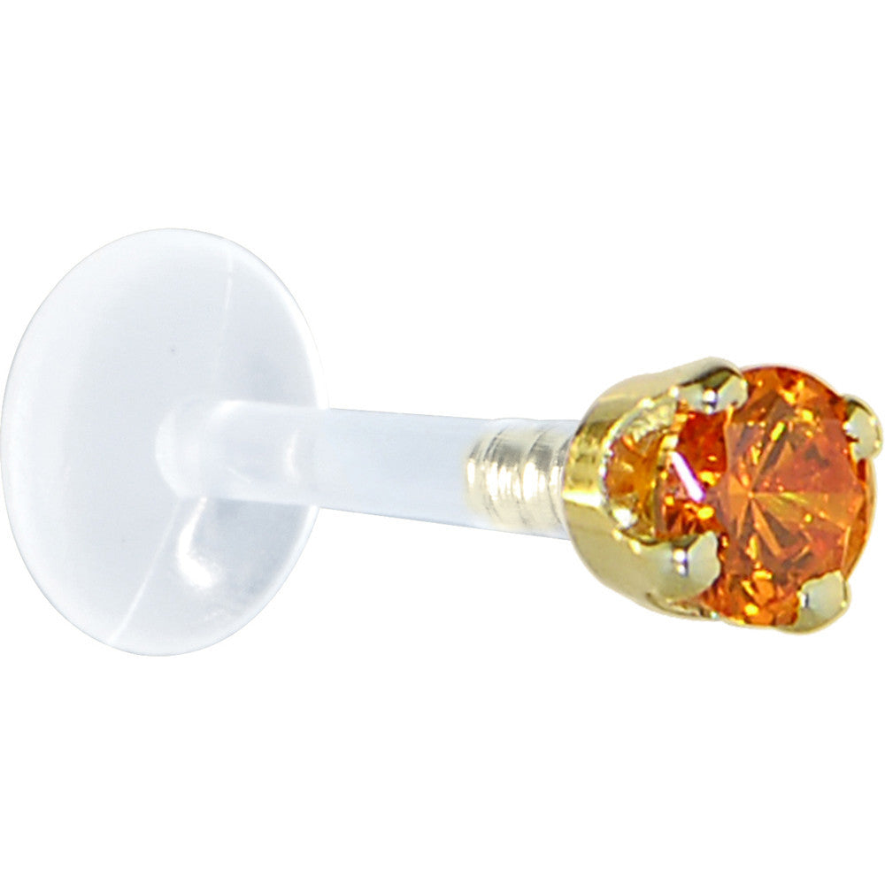 BodyCandy 16G 5/16 Solid 14K Yellow Gold 3mm Orange Cubic Zirconia Bioplast Tragus Earring Stud — detail close-up