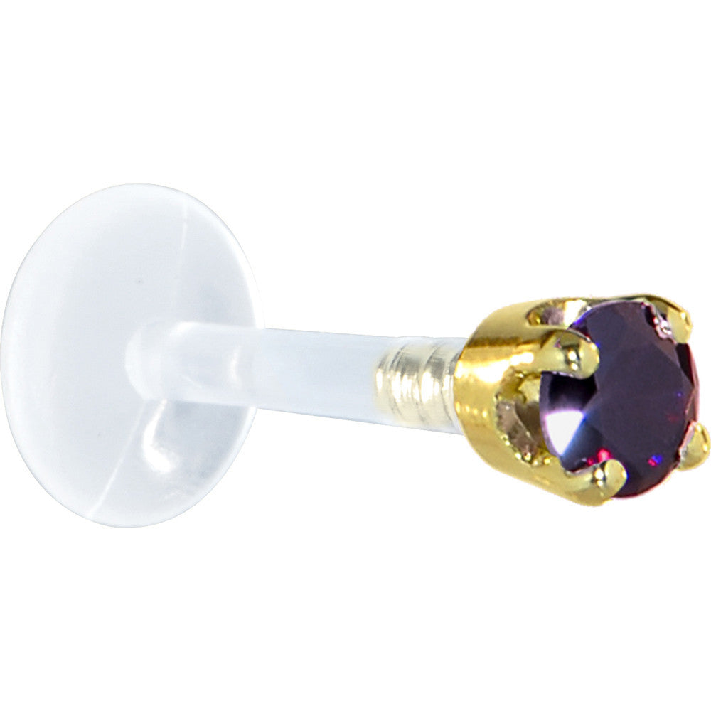 BodyCandy 16G 5/16 Solid 14K Yellow Gold 3mm Amethyst Cubic Zirconia Bioplast Tragus Earring Stud — detail close-up