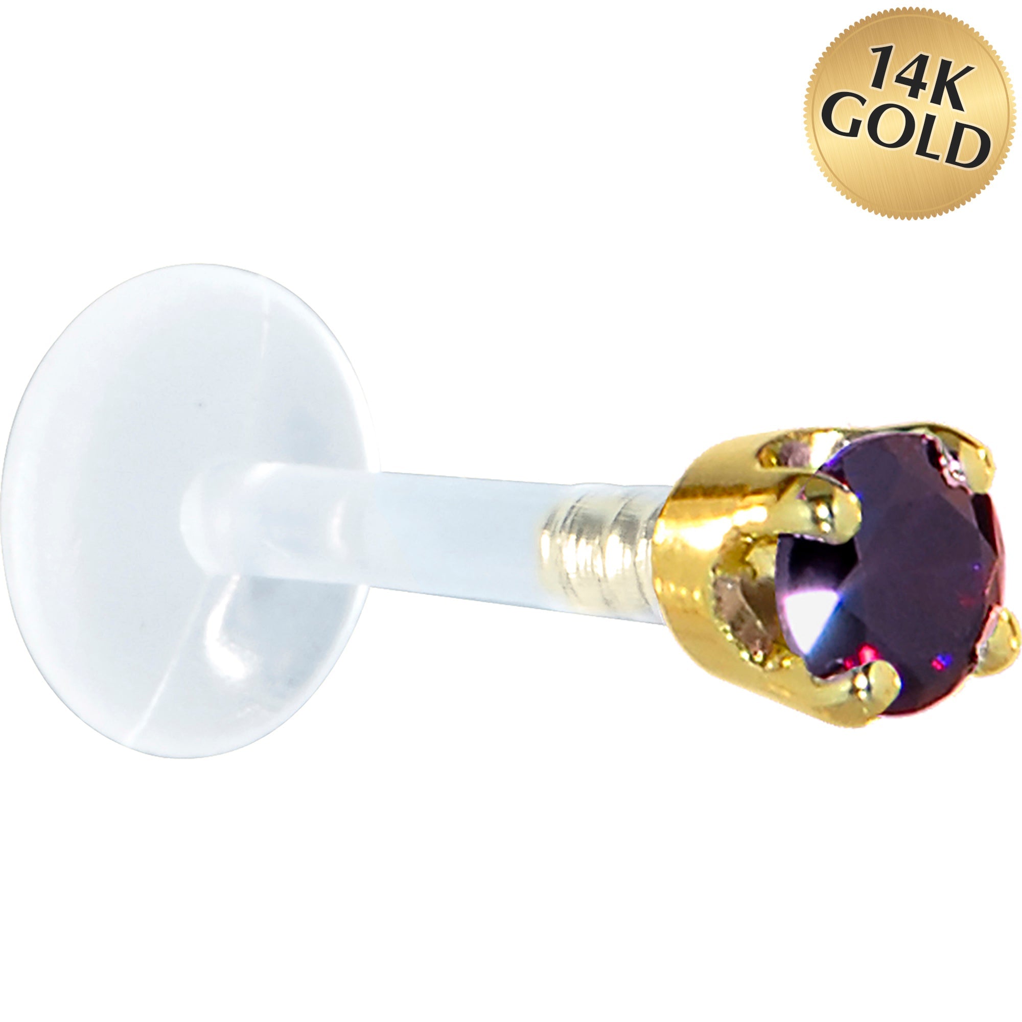 BodyCandy 16G 5/16 Solid 14K Yellow Gold 3mm Amethyst Cubic Zirconia Bioplast Tragus Earring Stud — main product shot