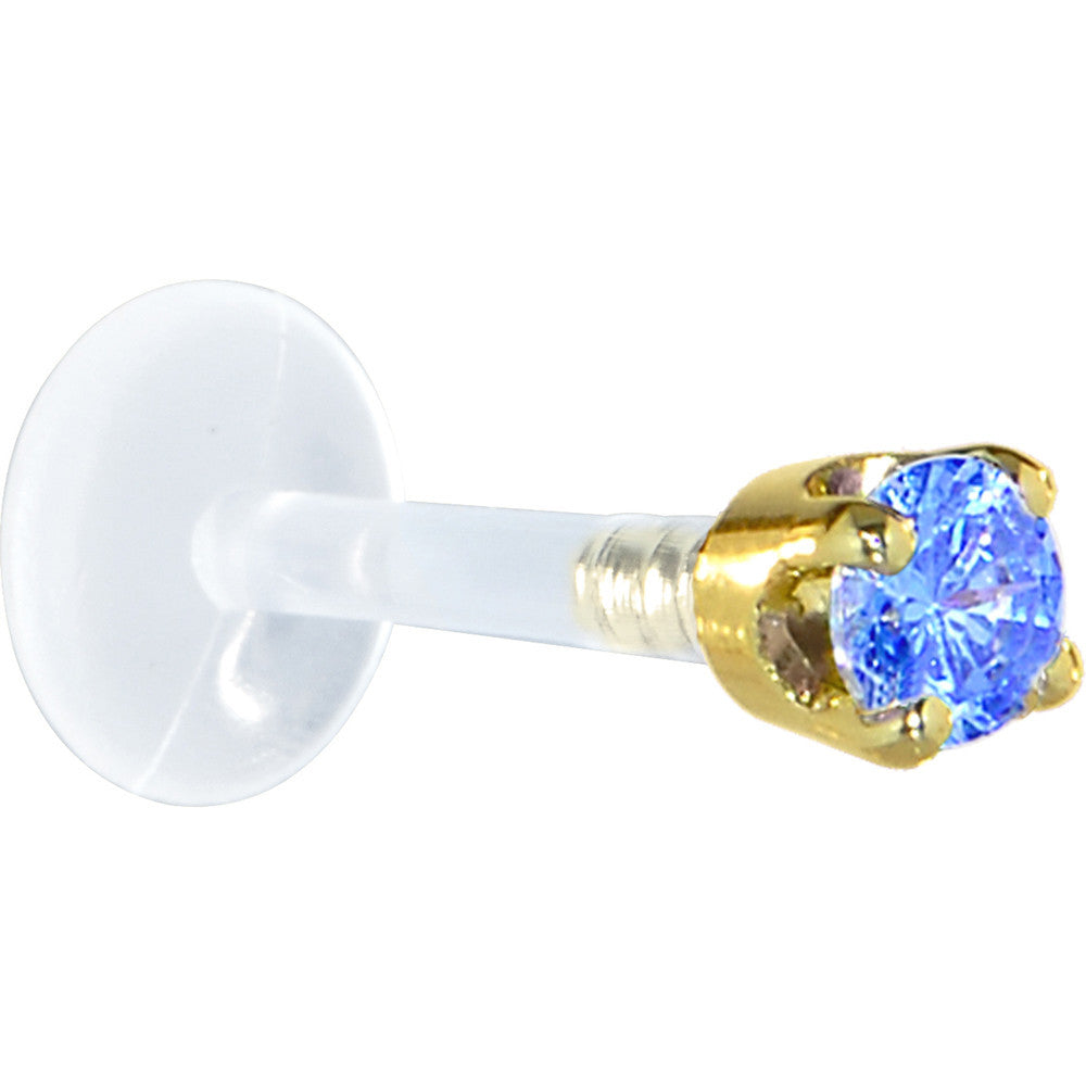 BodyCandy 16G 5/16 Solid 14K Yellow Gold 3mm Arctic Blue Cubic Zirconia Bioplast Tragus Earring Stud — detail close-up