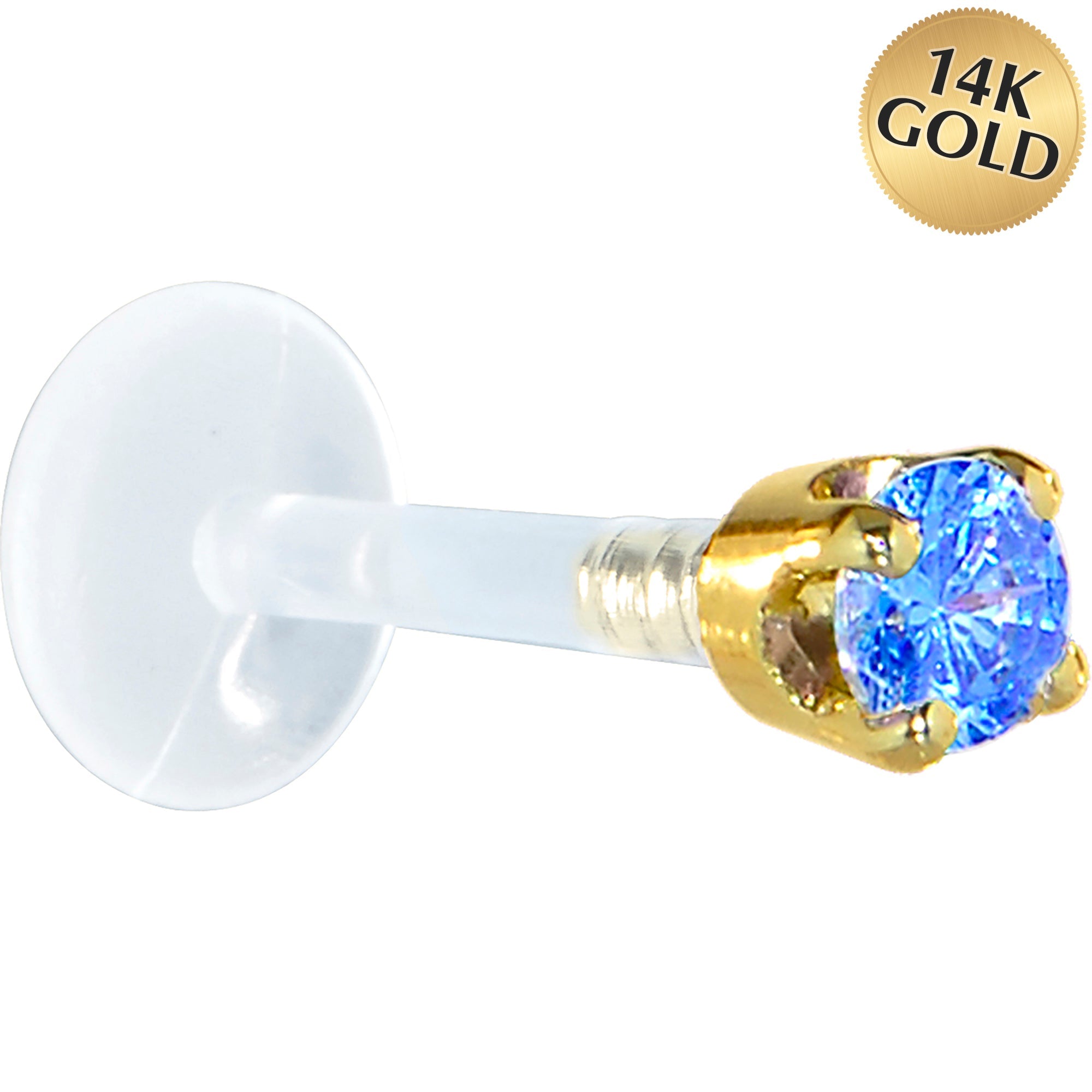 BodyCandy 16G 5/16 Solid 14K Yellow Gold 3mm Arctic Blue Cubic Zirconia Bioplast Tragus Earring Stud — main product shot