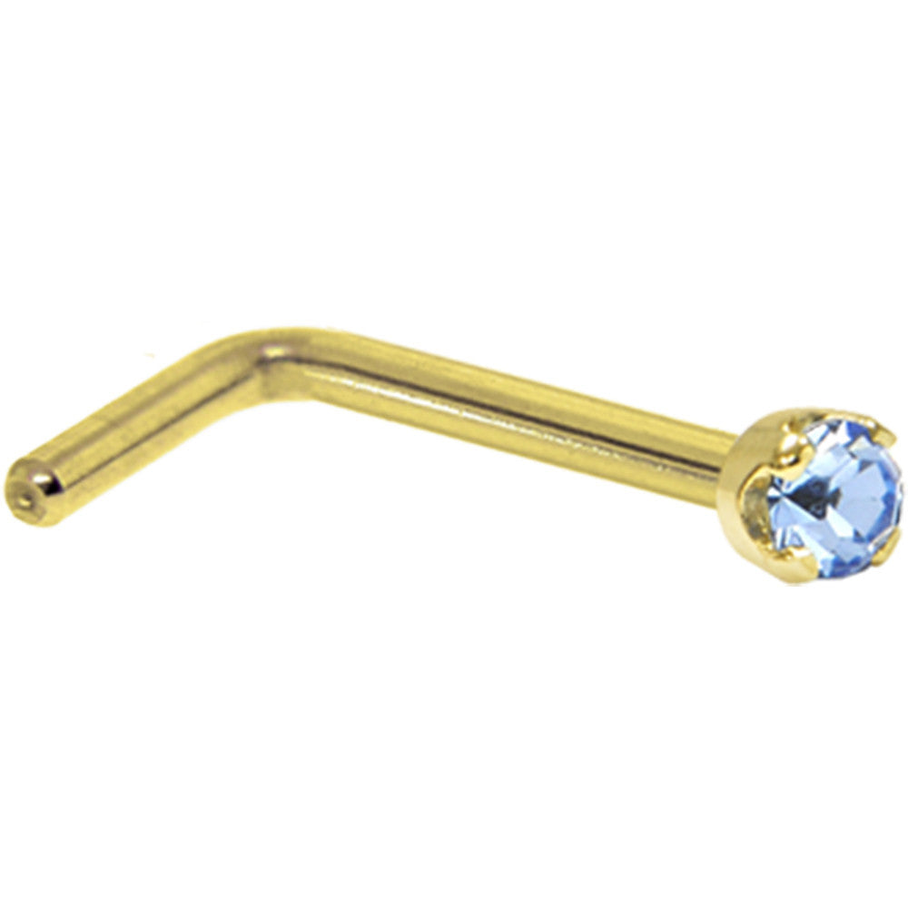 BodyCandy Solid 14K Yellow Gold 2mm Light Blue Cubic Zirconia Nose Ring — detail close-up