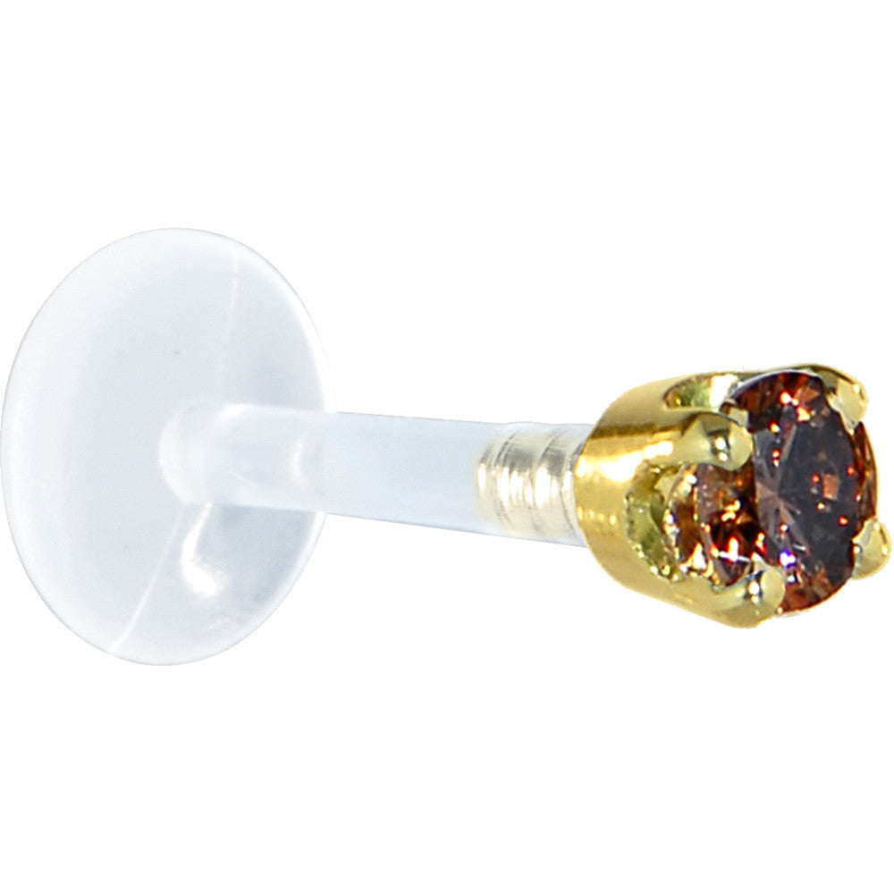 BodyCandy 16G 5/16 Solid 14K Yellow Gold 3mm Brown Cubic Zirconia Bioplast Tragus Earring Stud — detail close-up