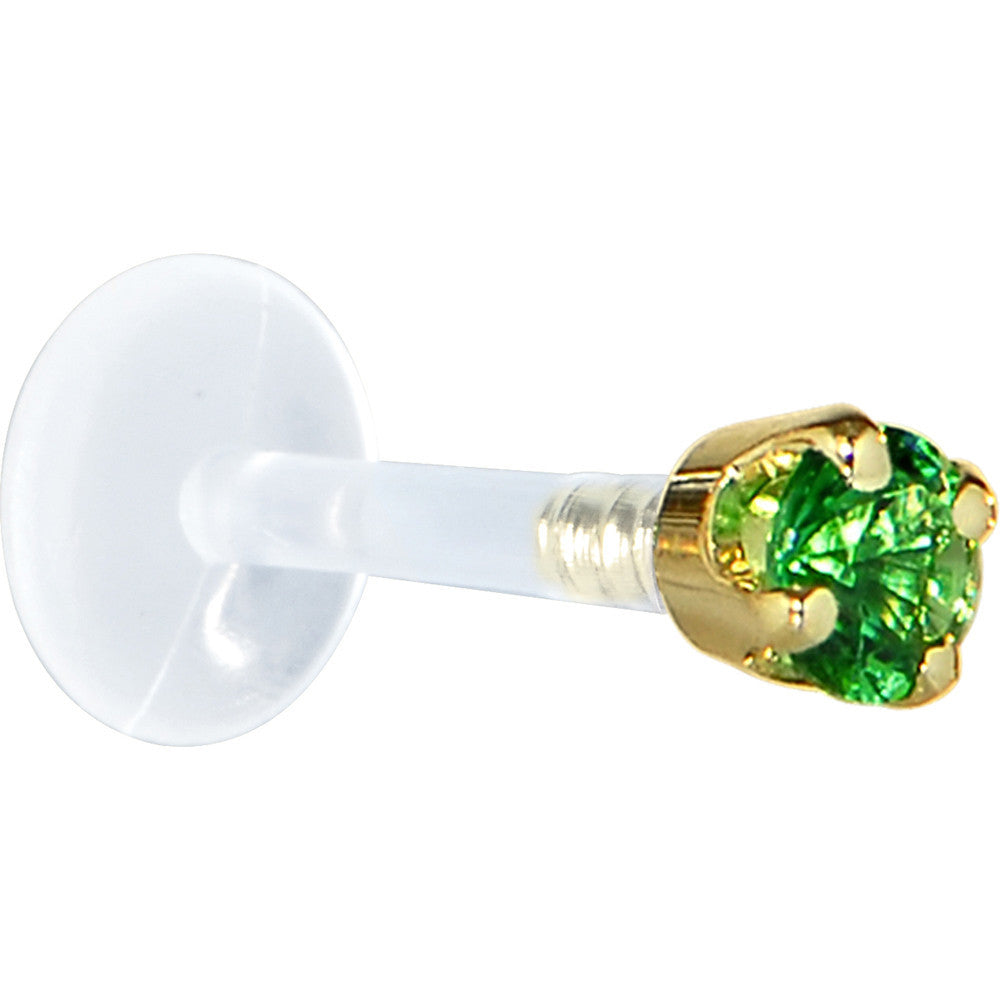 BodyCandy 16G 5/16 Solid 14K Yellow Gold 3mm Green Cubic Zirconia Bioplast Tragus Earring Stud — detail close-up