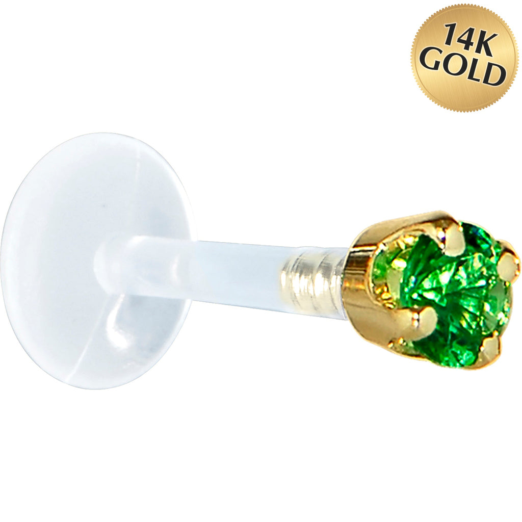 BodyCandy 16G 5/16 Solid 14K Yellow Gold 3mm Green Cubic Zirconia Bioplast Tragus Earring Stud — main product shot