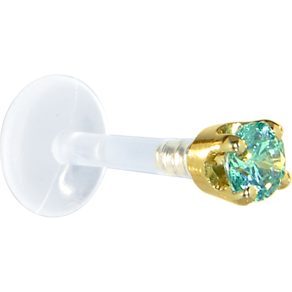 BodyCandy 16G 5/16 Solid 14K Yellow Gold 3mm Mint Green Cubic Zirconia Bioplast Tragus Earring Stud — detail close-up