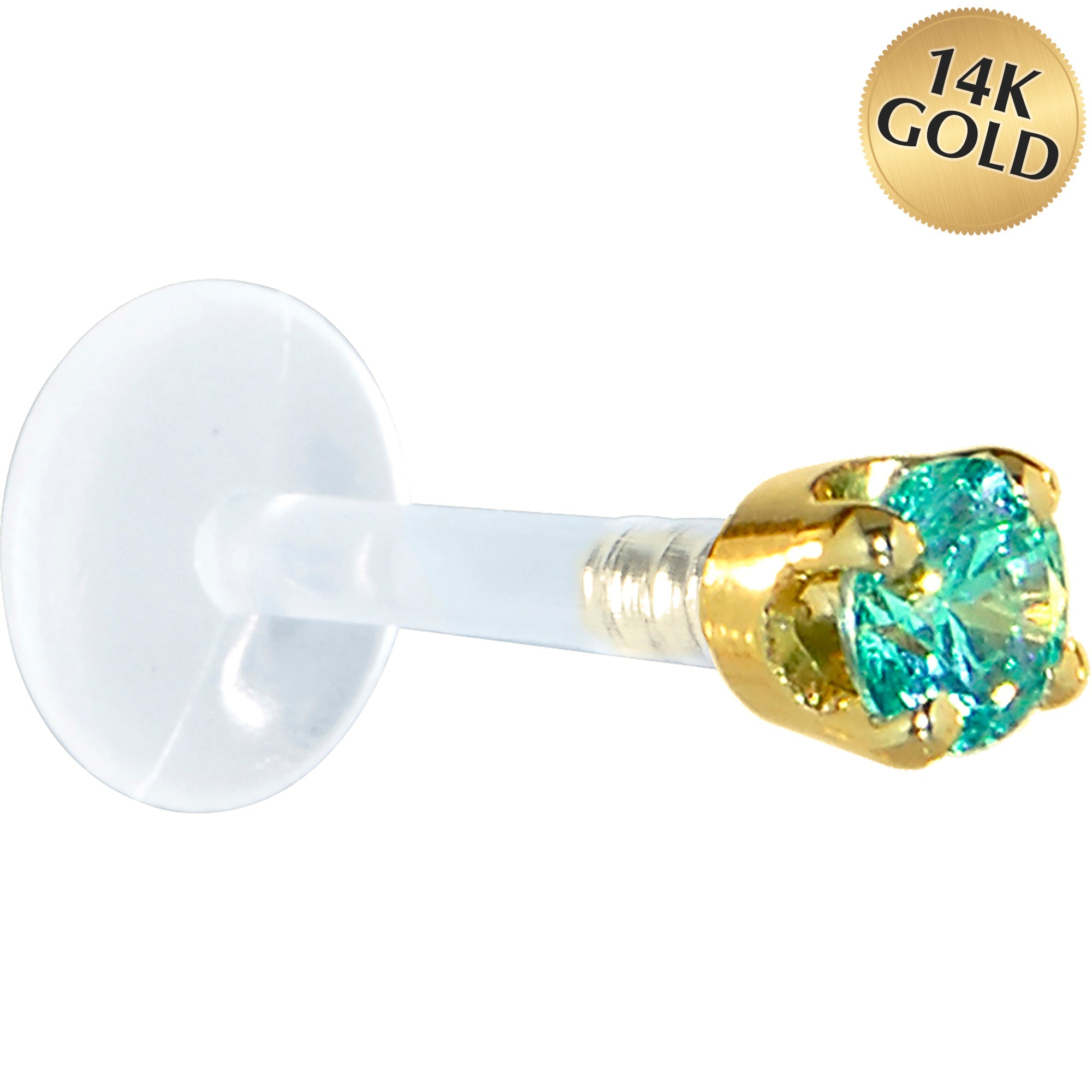 BodyCandy 16G 5/16 Solid 14K Yellow Gold 3mm Mint Green Cubic Zirconia Bioplast Tragus Earring Stud — main product shot