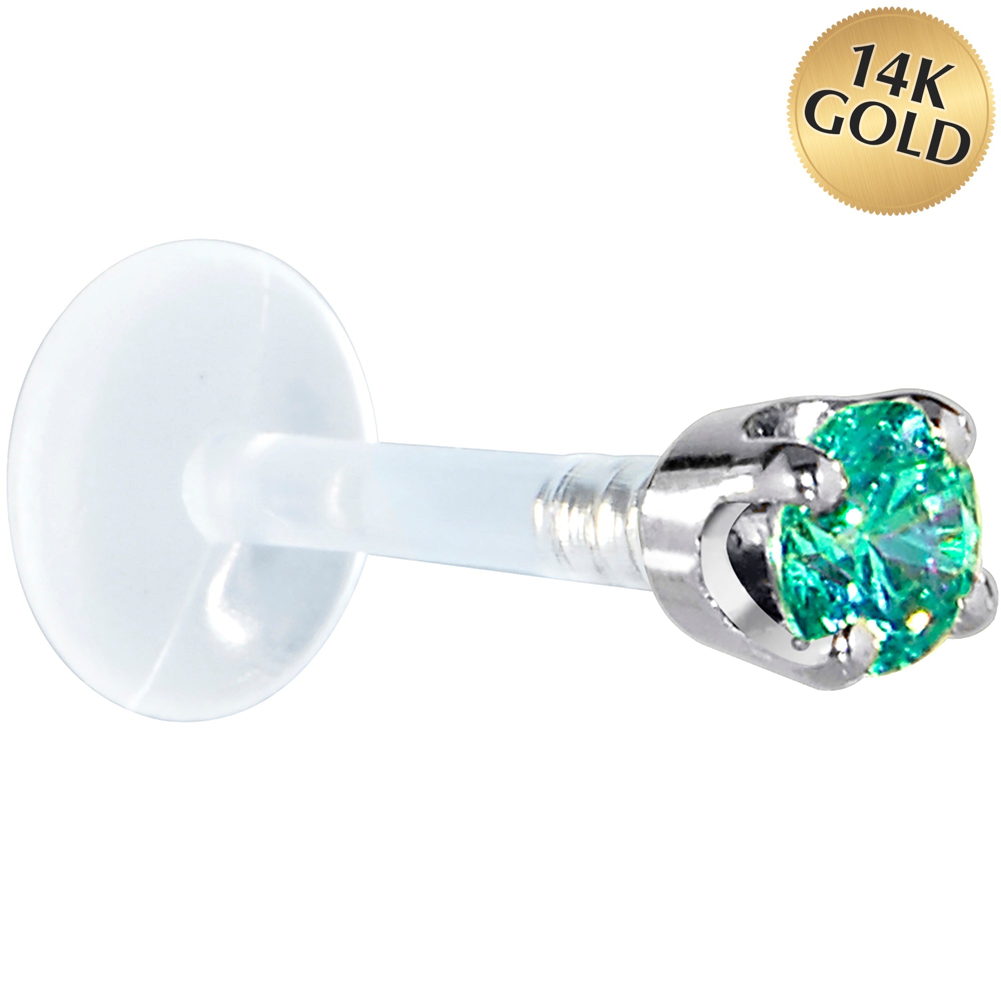 BodyCandy 16G 5/16 Solid 14K White Gold 3mm Mint Green Cubic Zirconia Bioplast Tragus Earring Stud — main product shot