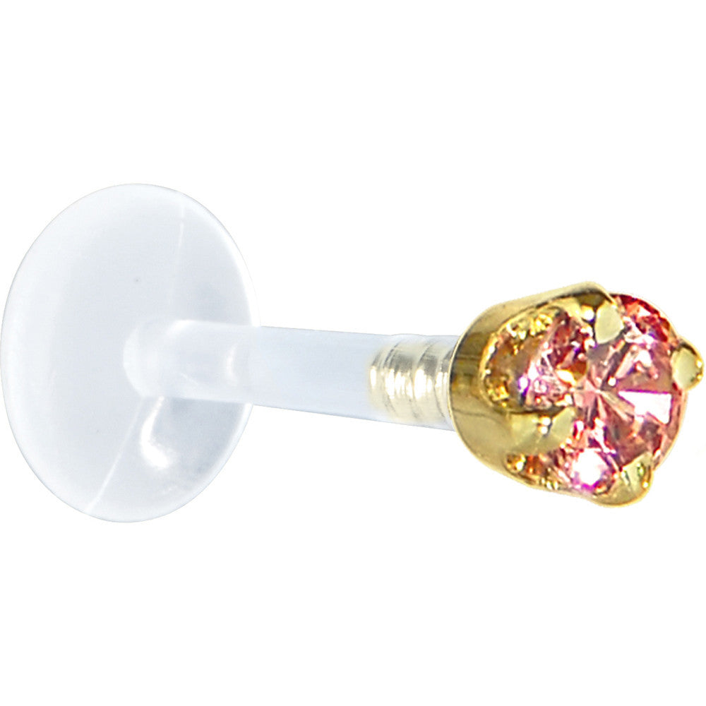 BodyCandy 16G 5/16 Solid 14K Yellow Gold 3mm Salmon Cubic Zirconia Bioplast Tragus Earring Stud — detail close-up