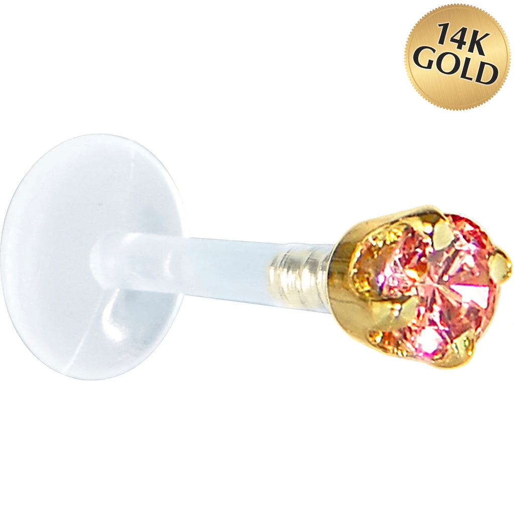 BodyCandy 16G 5/16 Solid 14K Yellow Gold 3mm Salmon Cubic Zirconia Bioplast Tragus Earring Stud — main product shot