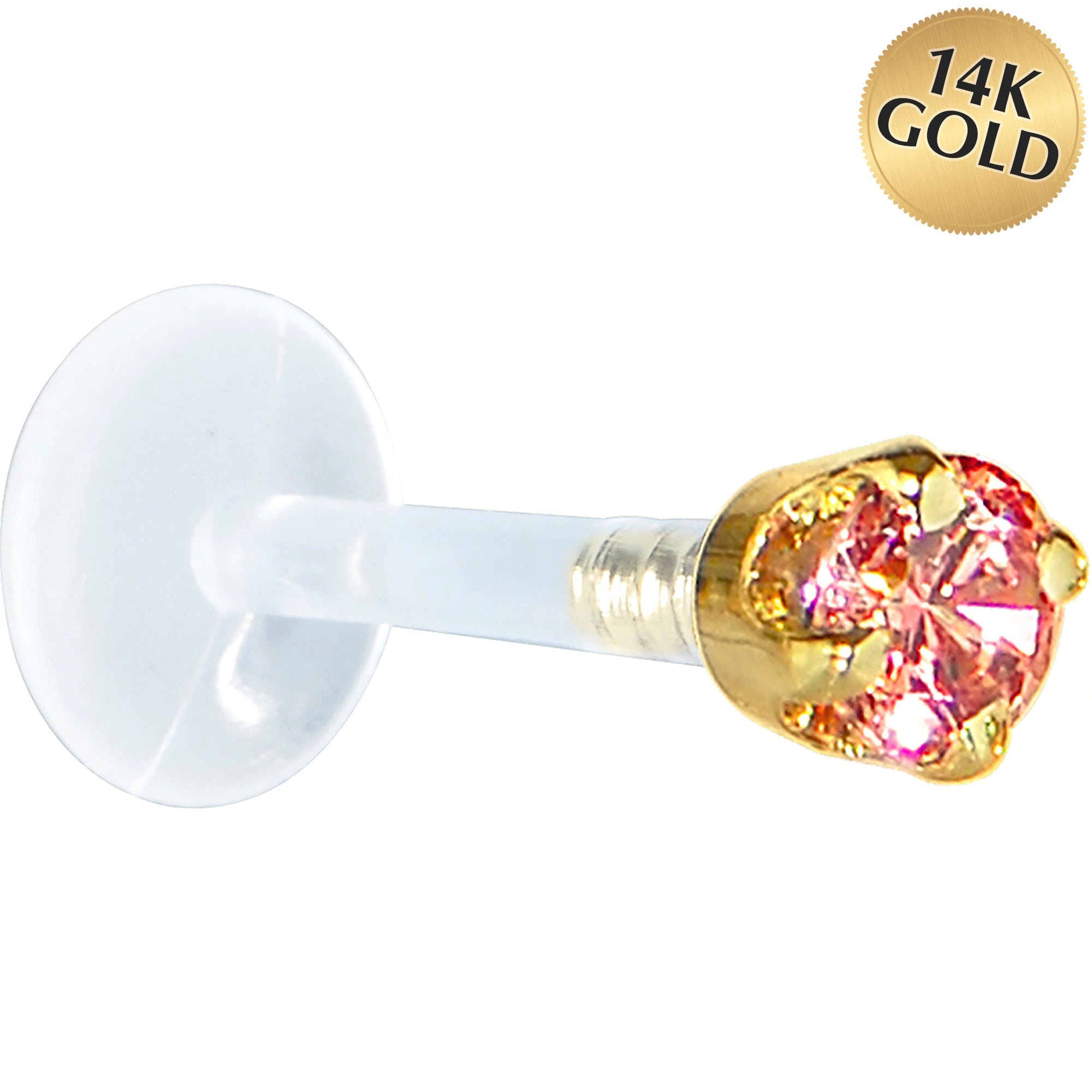 BodyCandy 16G 5/16 Solid 14K Yellow Gold 3mm Salmon Cubic Zirconia Bioplast Tragus Earring Stud — main product shot