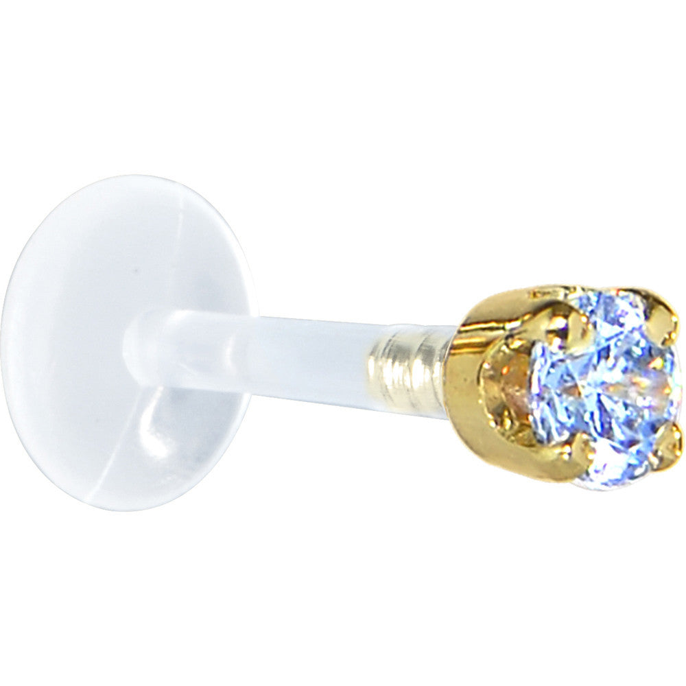 BodyCandy 16G 5/16 Solid 14K Yellow Gold 3mm Plexi Blue Cubic Zirconia Bioplast Tragus Earring Stud — detail close-up