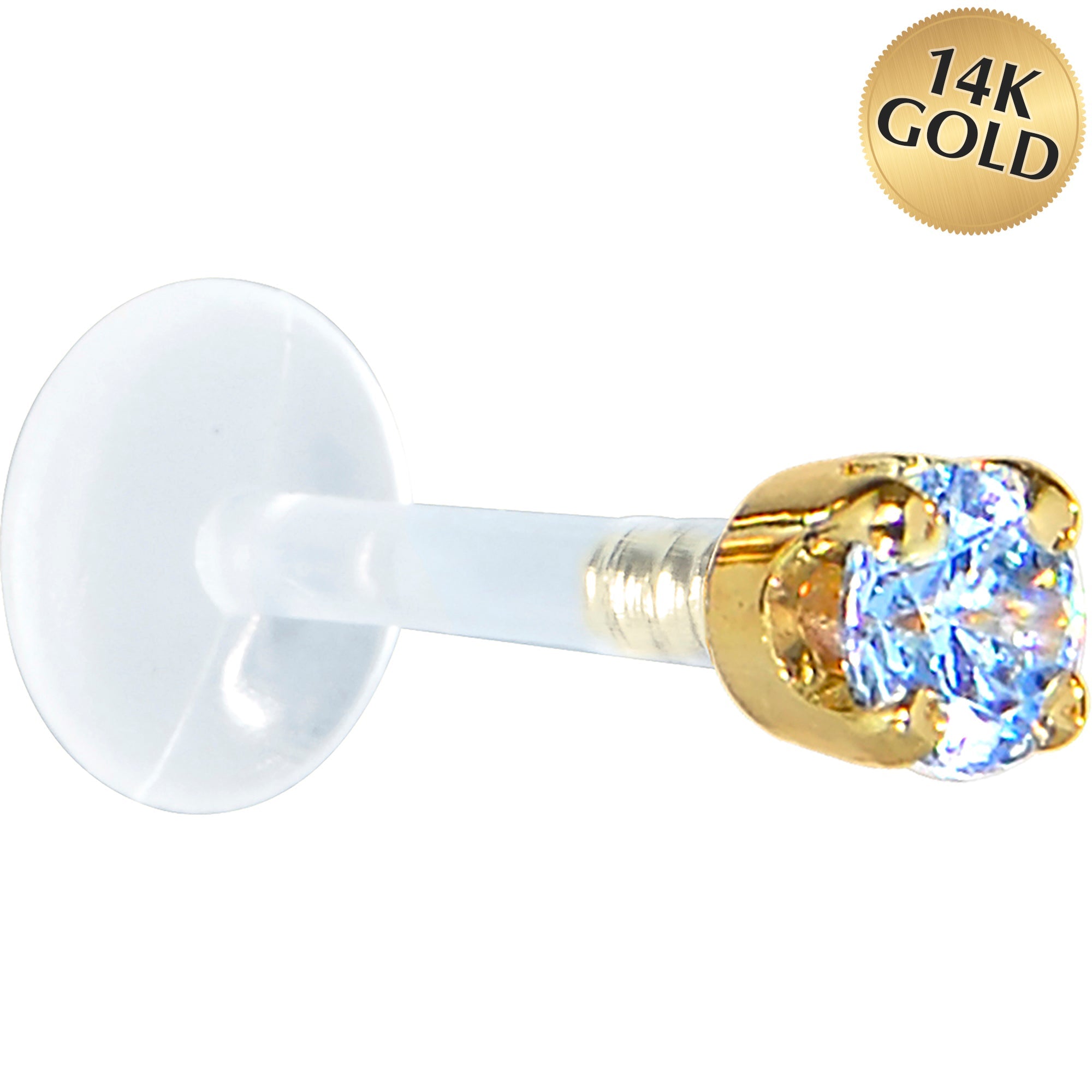 BodyCandy 16G 5/16 Solid 14K Yellow Gold 3mm Plexi Blue Cubic Zirconia Bioplast Tragus Earring Stud — main product shot