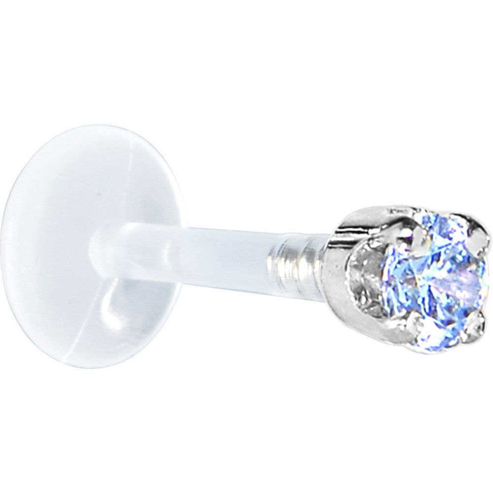 BodyCandy 16G 5/16 Solid 14K White Gold 3mm Plexi Blue Cubic Zirconia Bioplast Tragus Earring Stud — detail close-up