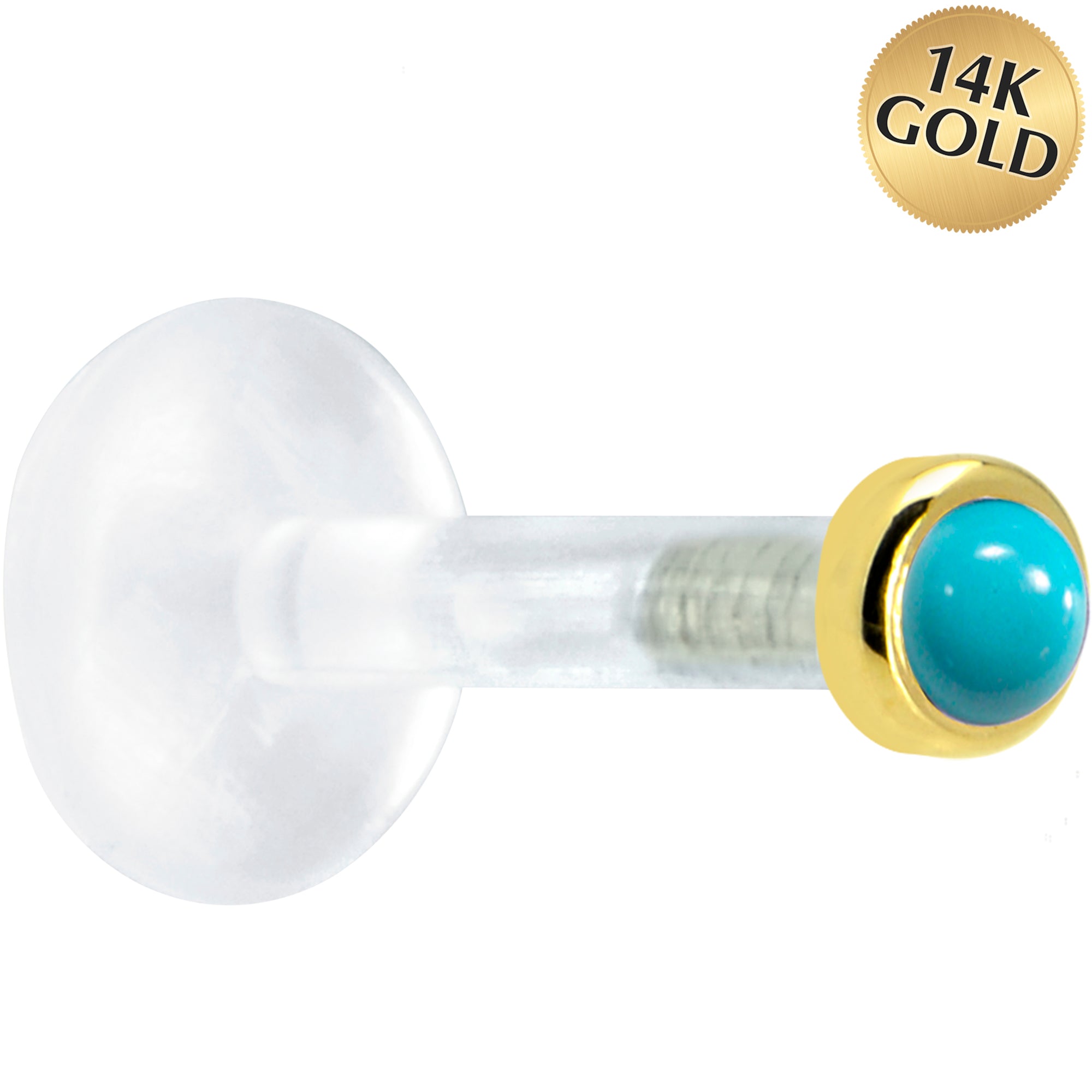 BodyCandy Solid 14K Yellow Gold 2mm Genuine Turquoise Bioplast Push in Labret — main product shot