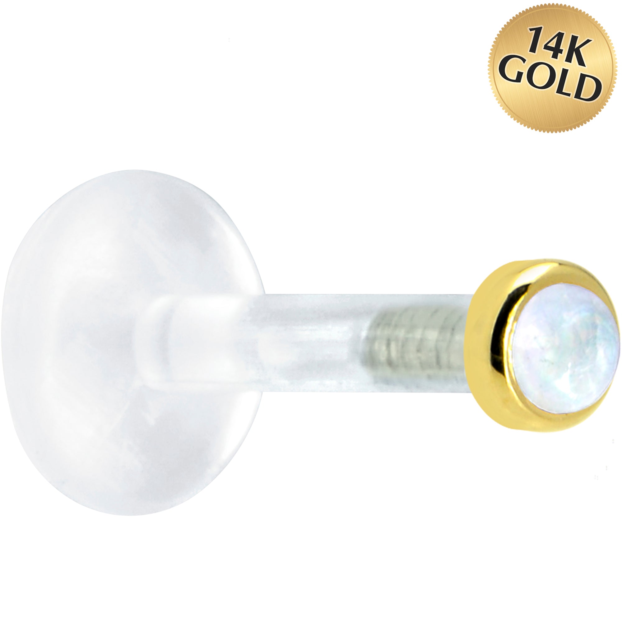 BodyCandy Solid 14K Yellow Gold 2mm Genuine Rainbow Moonstone Bioplast Push in Labret — detail close-up