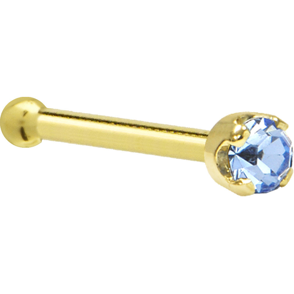 BodyCandy Solid 14K Yellow Gold 2mm Light Blue Cubic Zirconia Nose Ring — side view