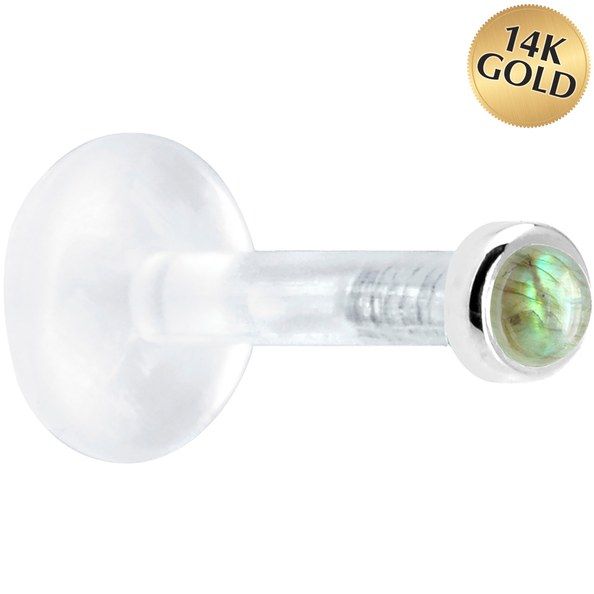BodyCandy Solid 14K White Gold 2mm Genuine Labradorite Bioplast Push in Labret — main product shot