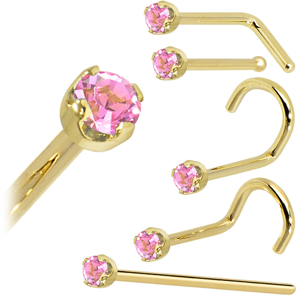 BodyCandy Solid 14K Yellow Gold 2mm Pink Cubic Zirconia Nose Ring — detail close-up