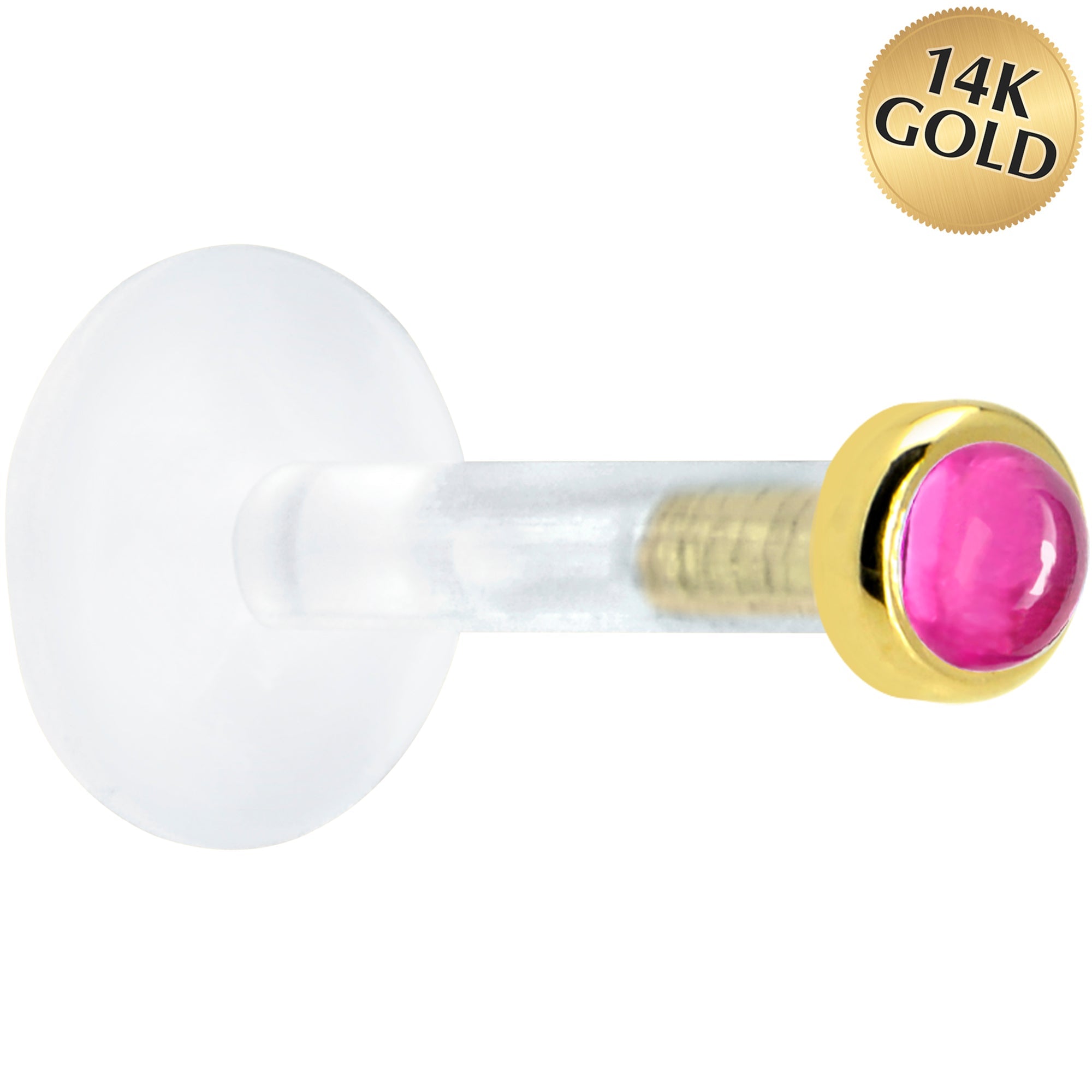 BodyCandy Solid 14K Yellow Gold 2mm Genuine Pink Tourmaline Bioplast Push in Labret — main product shot
