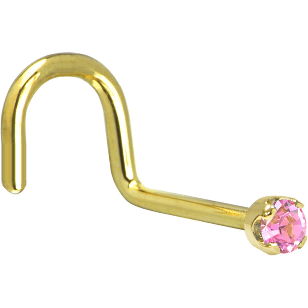 BodyCandy Solid 14K Yellow Gold 2mm Pink Cubic Zirconia Nose Ring — side view