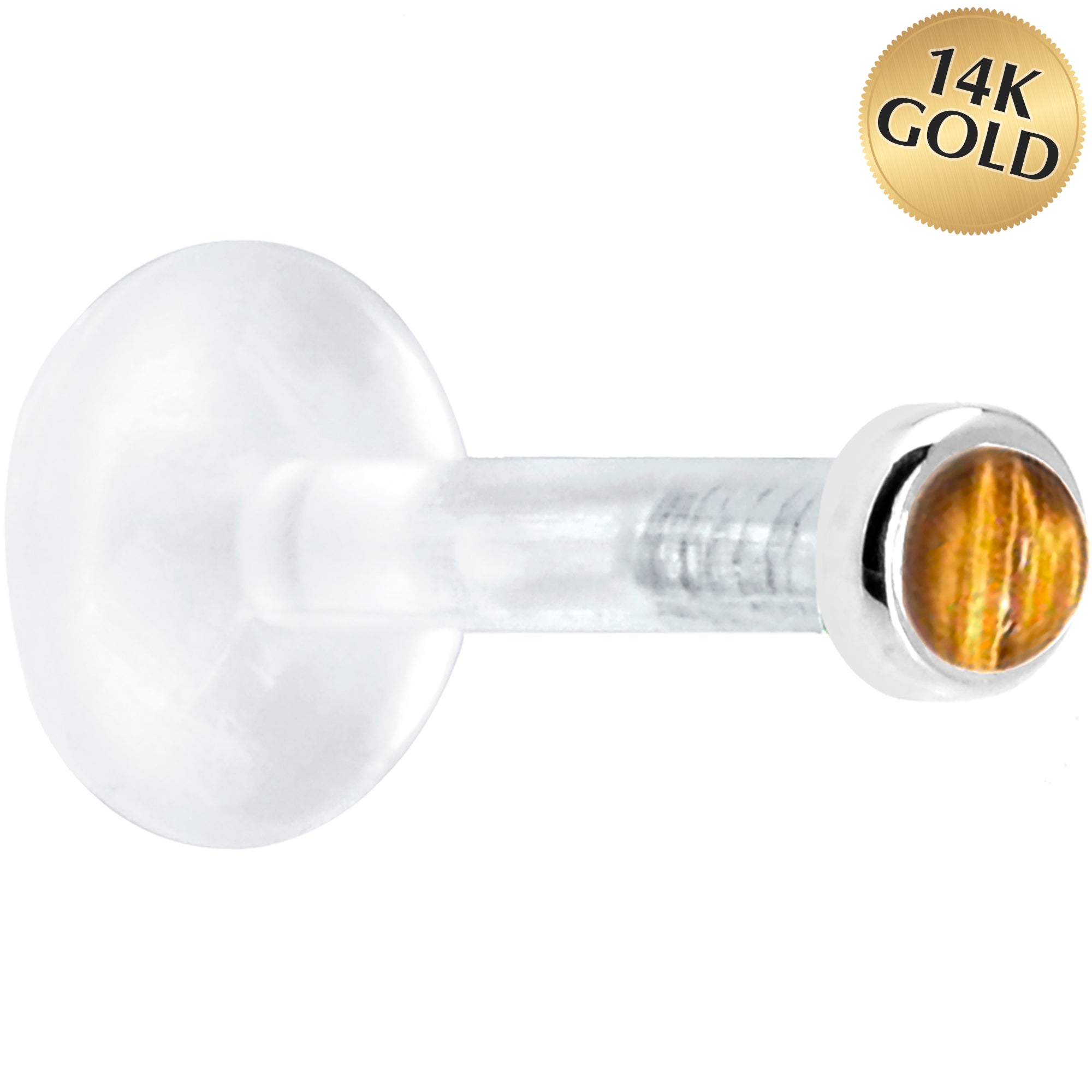 BodyCandy Solid 14K White Gold 2mm Genuine Tiger Eye Bioplast Push in Labret — main product shot