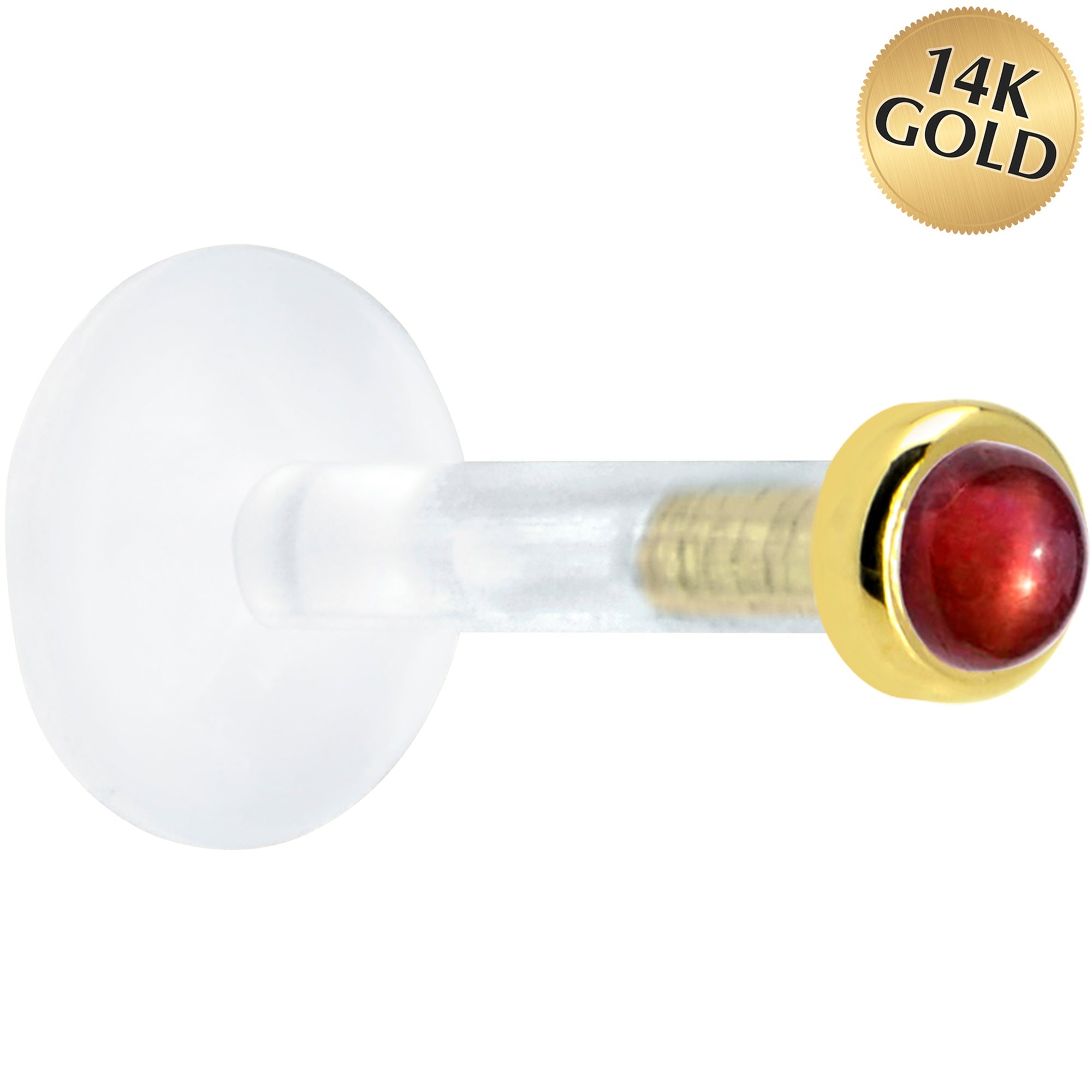 BodyCandy Solid 14K Yellow Gold 2mm Genuine Red Garnet Bioplast Push in Labret — main product shot