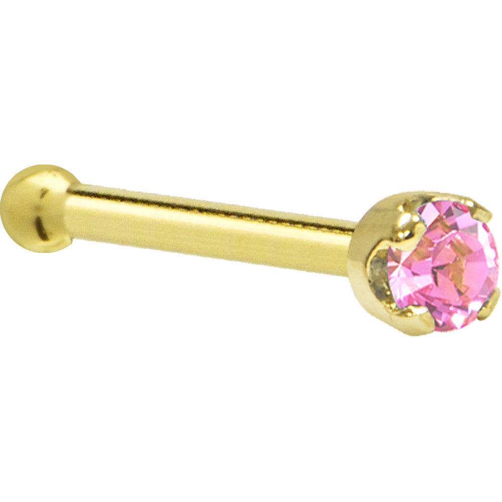 BodyCandy Solid 14K Yellow Gold 2mm Pink Cubic Zirconia Nose Ring — back view