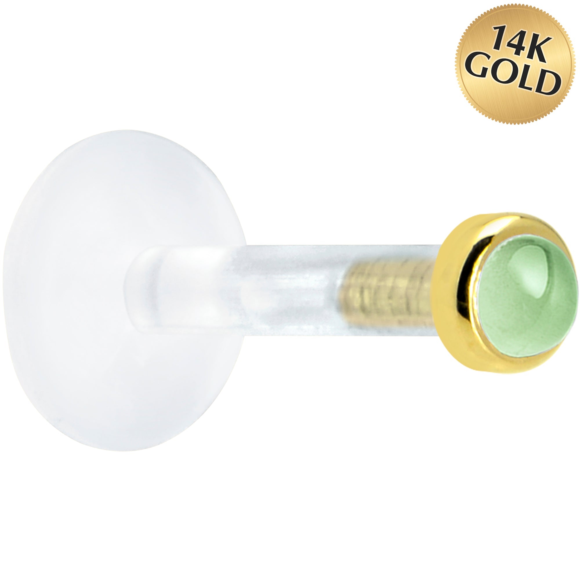BodyCandy Solid 14K Yellow Gold 2mm Genuine Peridot Bioplast Push in Labret — main product shot