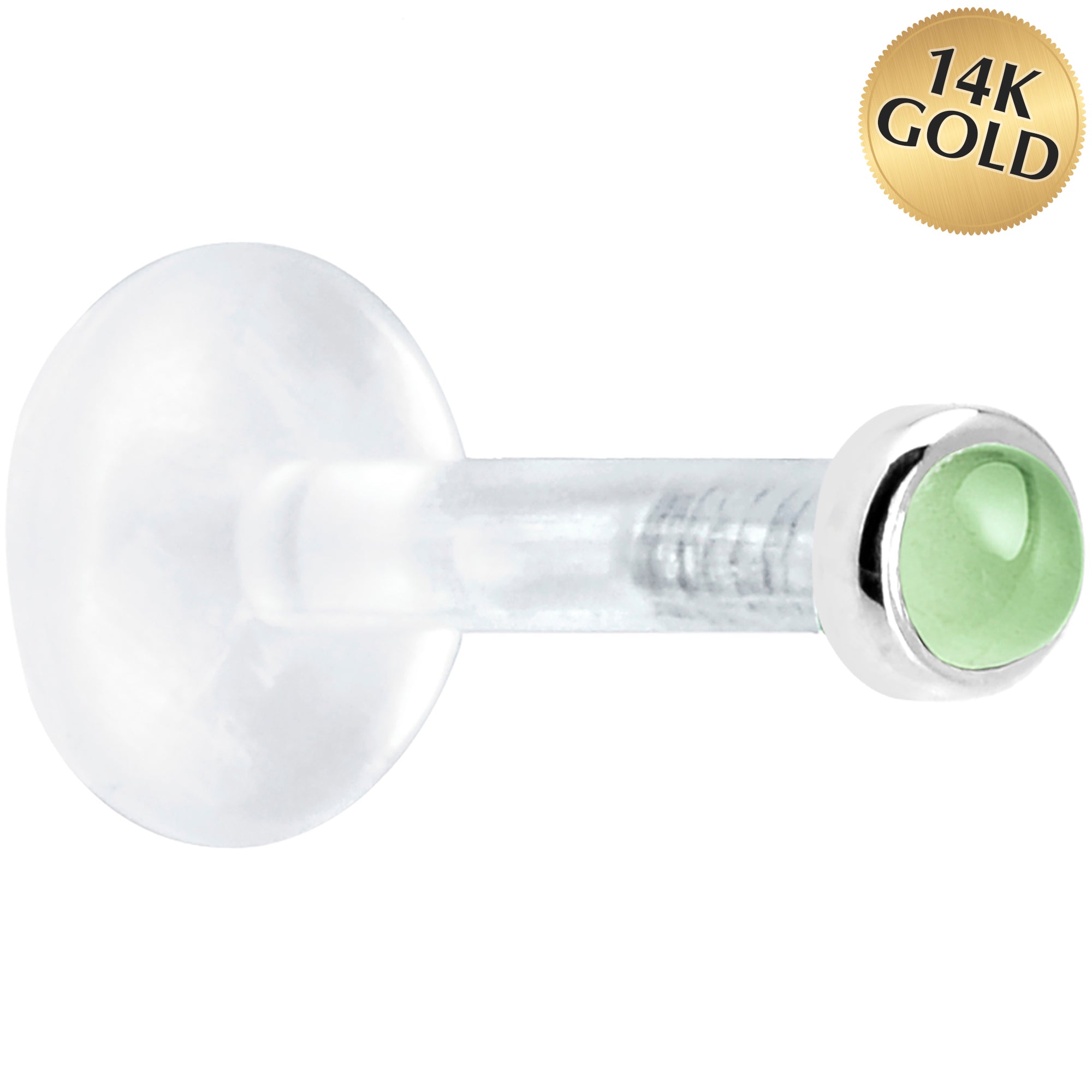 BodyCandy Solid 14K White Gold 2mm Genuine Peridot Bioplast Push in Labret — main product shot