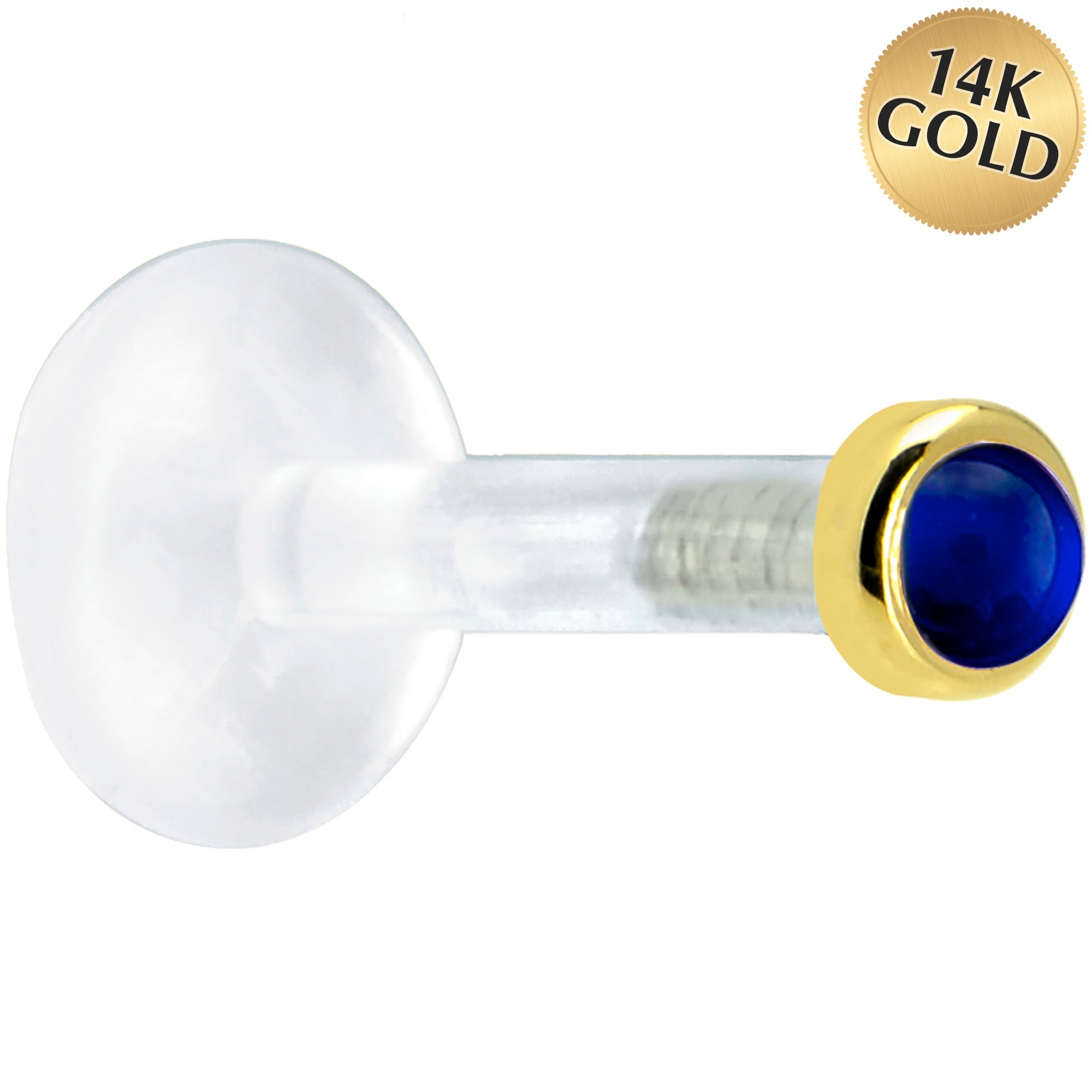 BodyCandy Solid 14K Yellow Gold 2mm Genuine Blue Sapphire Bioplast Push in Labret — main product shot