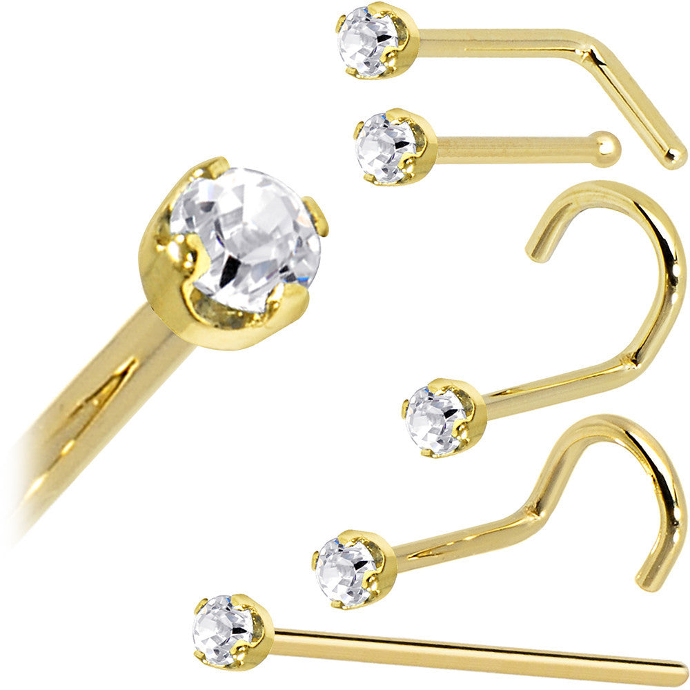 BodyCandy Solid 14K Yellow Gold 2mm Clear Cubic Zirconia Nose Ring — color detail
