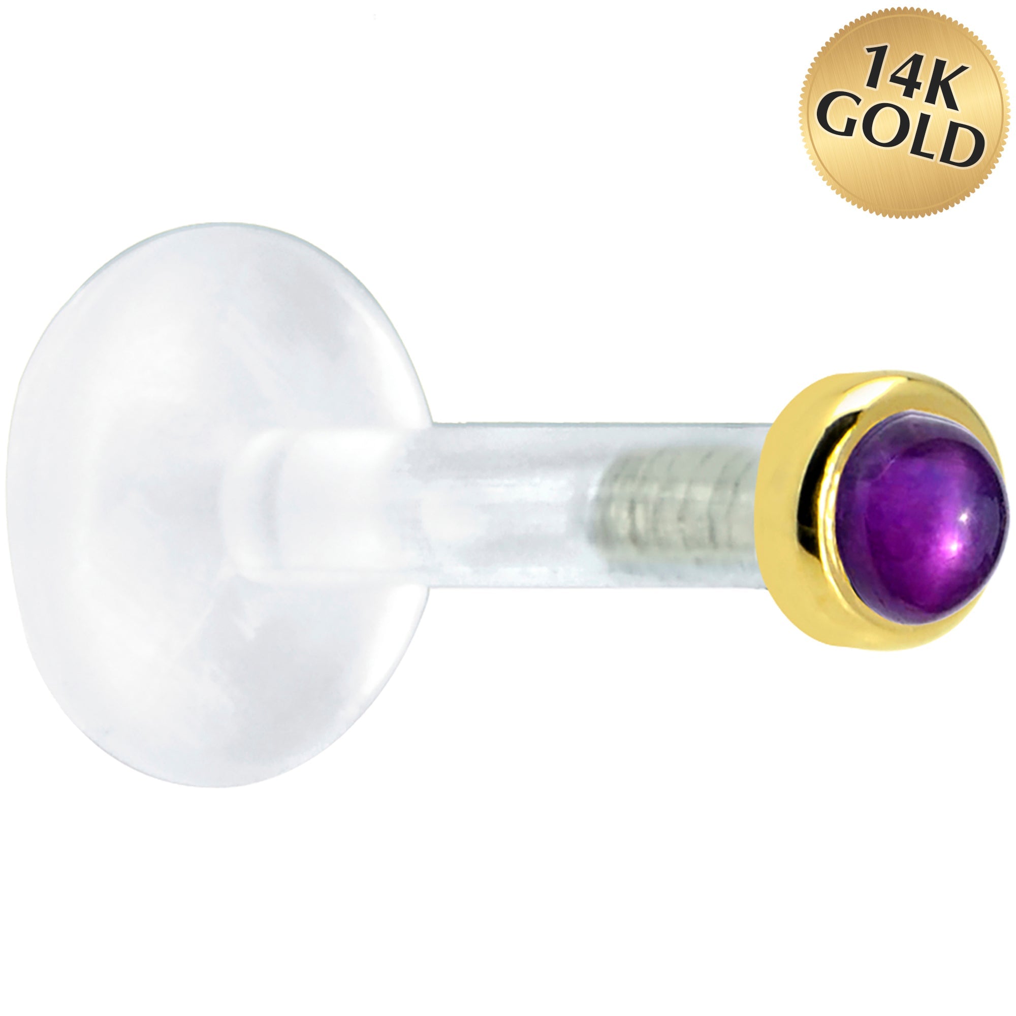 BodyCandy Solid 14K Yellow Gold 2mm Genuine Amethyst Bioplast Push in Labret — main product shot