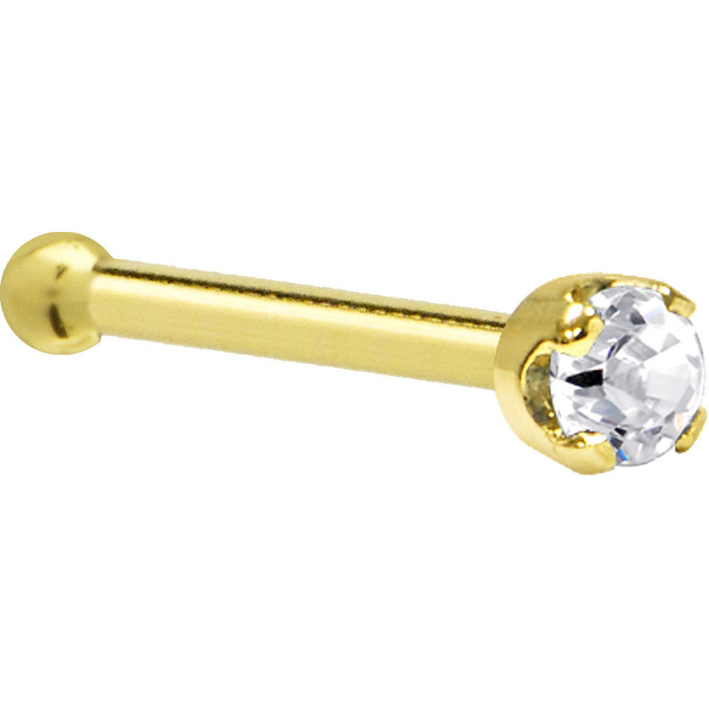 BodyCandy Solid 14K Yellow Gold 2mm Clear Cubic Zirconia Nose Ring — side view