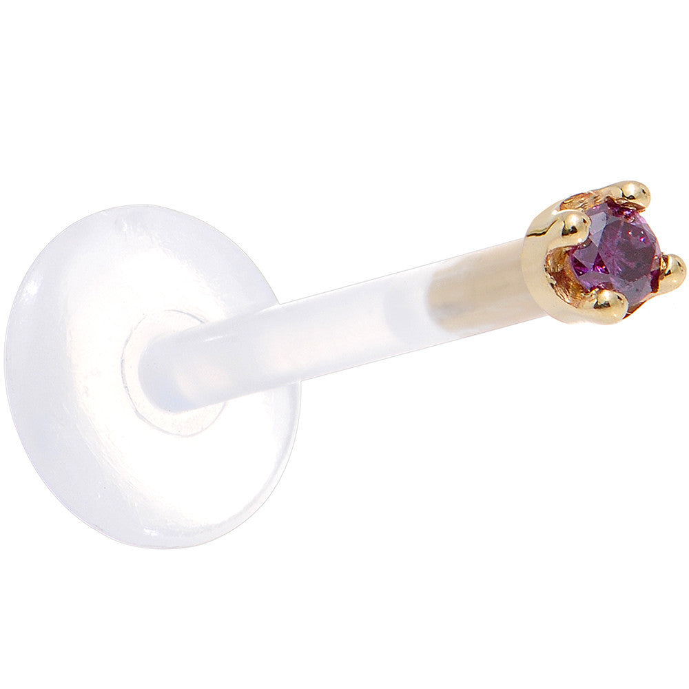 BodyCandy Solid 14K Yellow Gold 1.5mm Genuine Purple Diamond Bioplast Push in Labret — back view