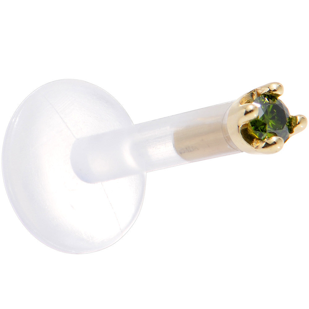 BodyCandy Solid 14K Yellow Gold 1.5mm Genuine Green Diamond Bioplast Push in Labret — detail close-up