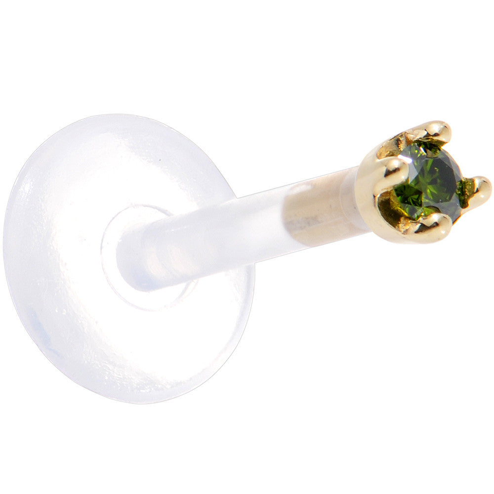 BodyCandy Solid 14K Yellow Gold 1.5mm Genuine Green Diamond Bioplast Push in Labret — side view