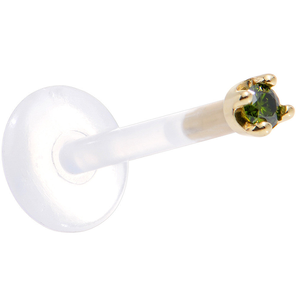 BodyCandy Solid 14K Yellow Gold 1.5mm Genuine Green Diamond Bioplast Push in Labret — back view