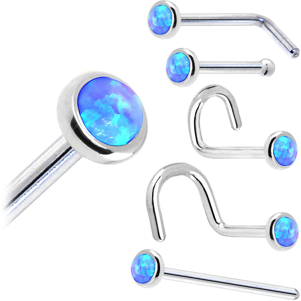 BodyCandy Solid 14K White Gold 2mm Blue Synthetic Opal Nose Ring — in-use photo