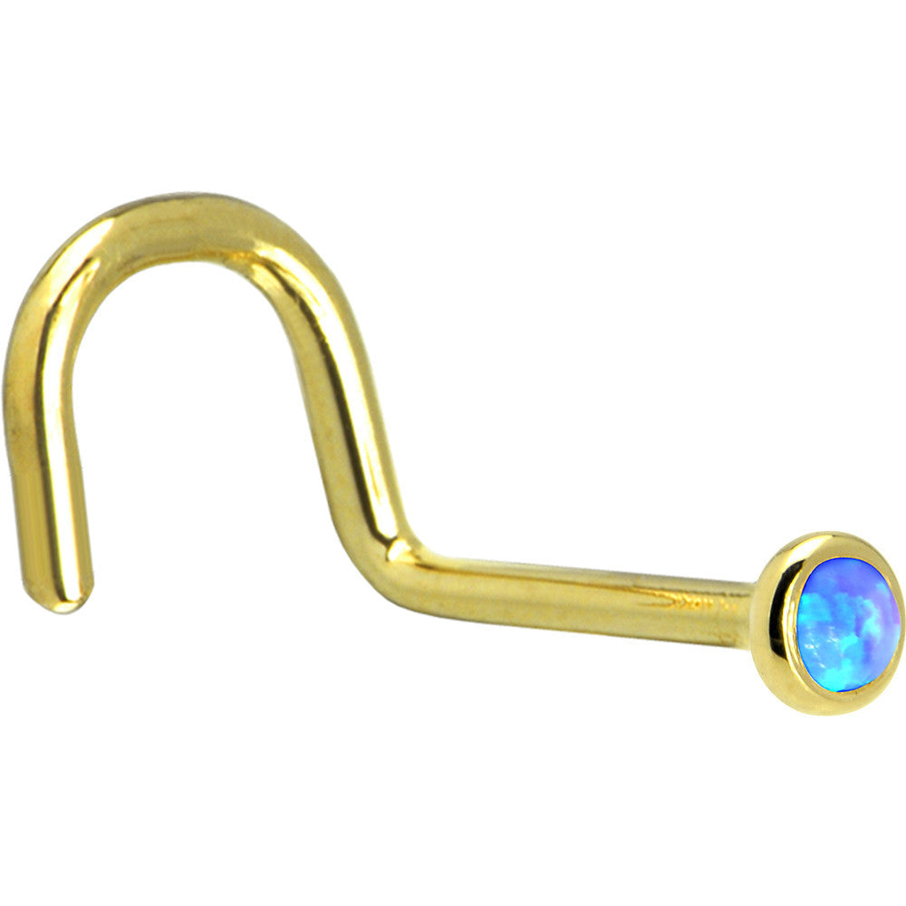 BodyCandy Solid 14K Yellow Gold 2mm Blue Synthetic Opal Nose Ring — detail close-up