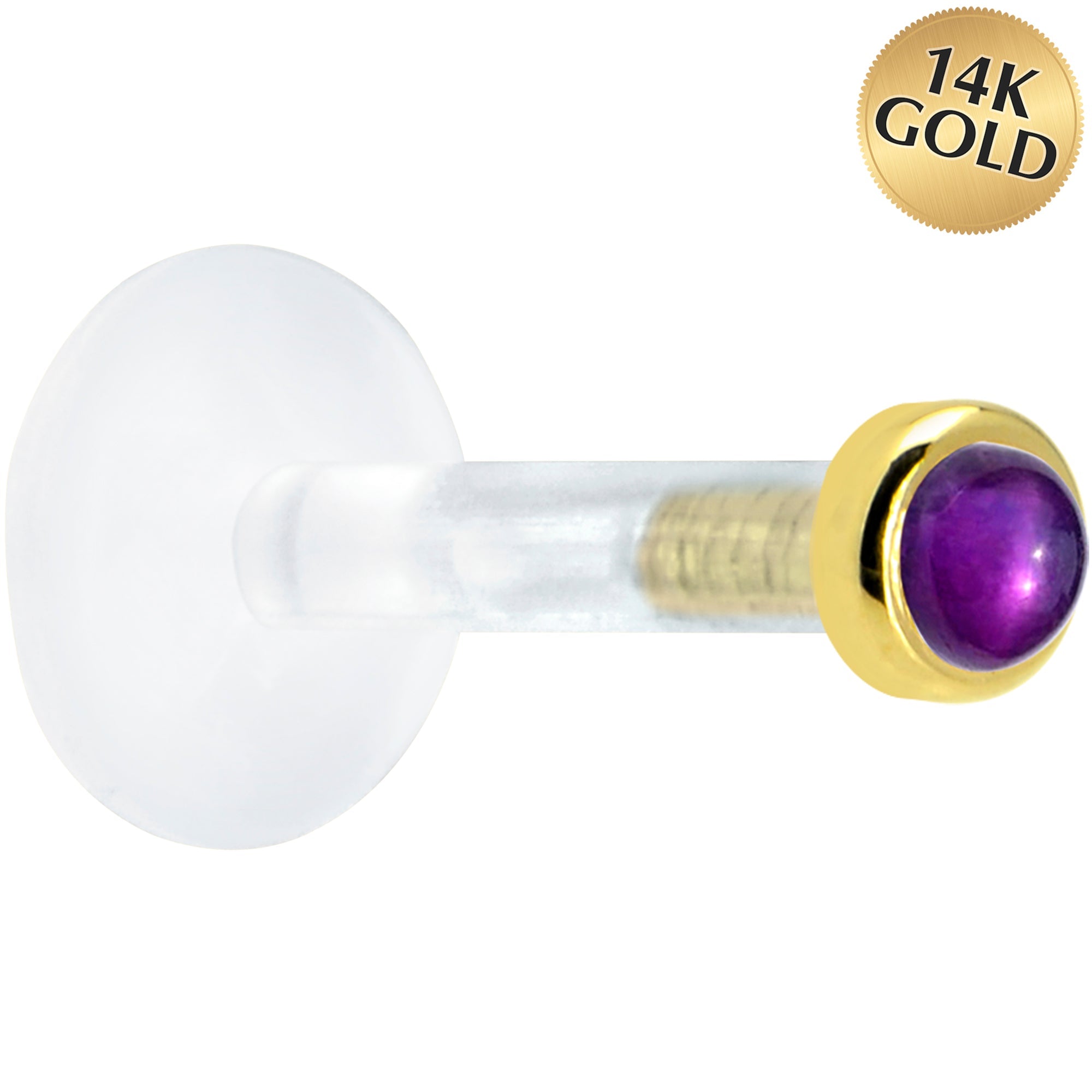 BodyCandy Solid 14K Yellow Gold 2mm Genuine Amethyst Bioplast Push in Monroe — main product shot