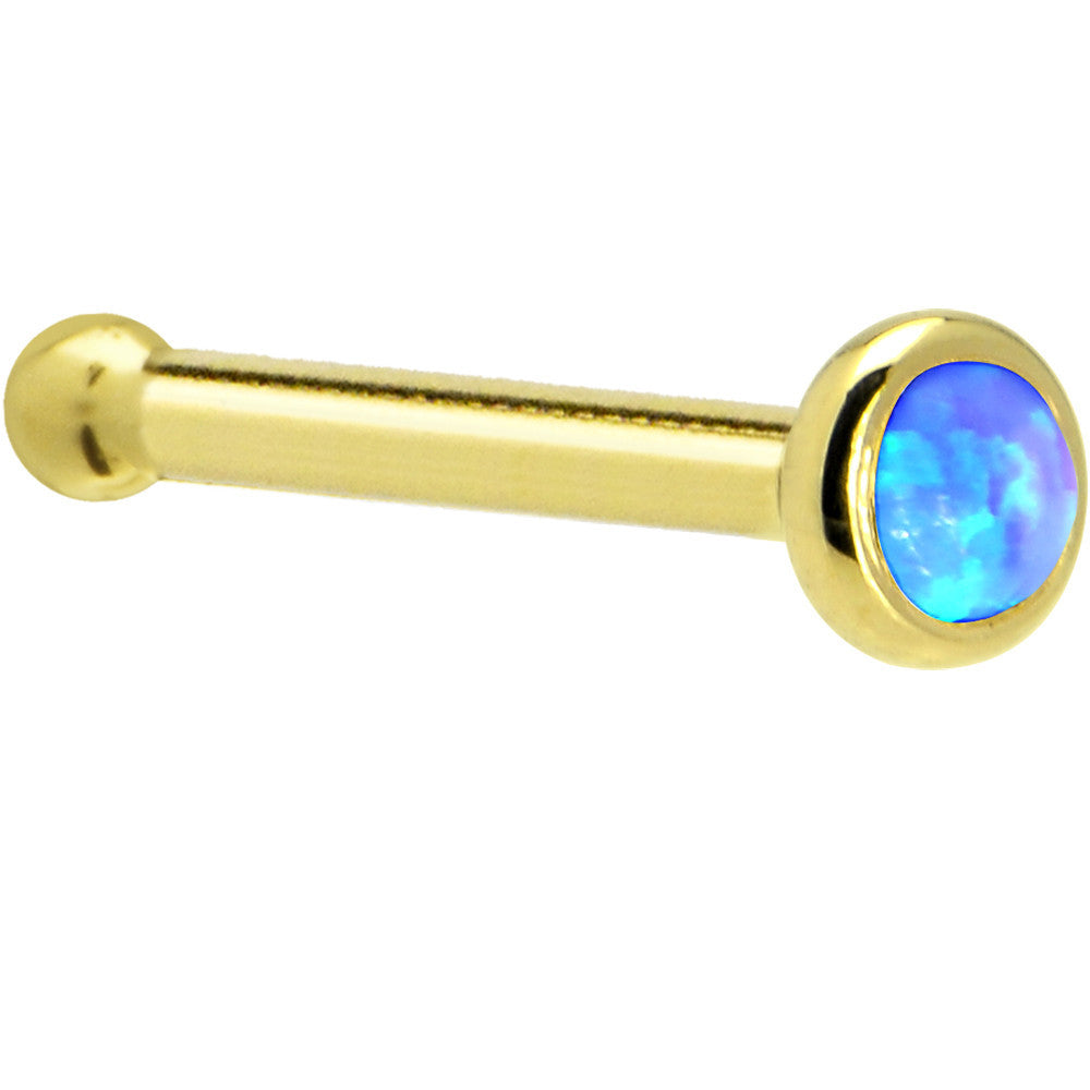 BodyCandy Solid 14K Yellow Gold 2mm Blue Synthetic Opal Nose Ring — side view