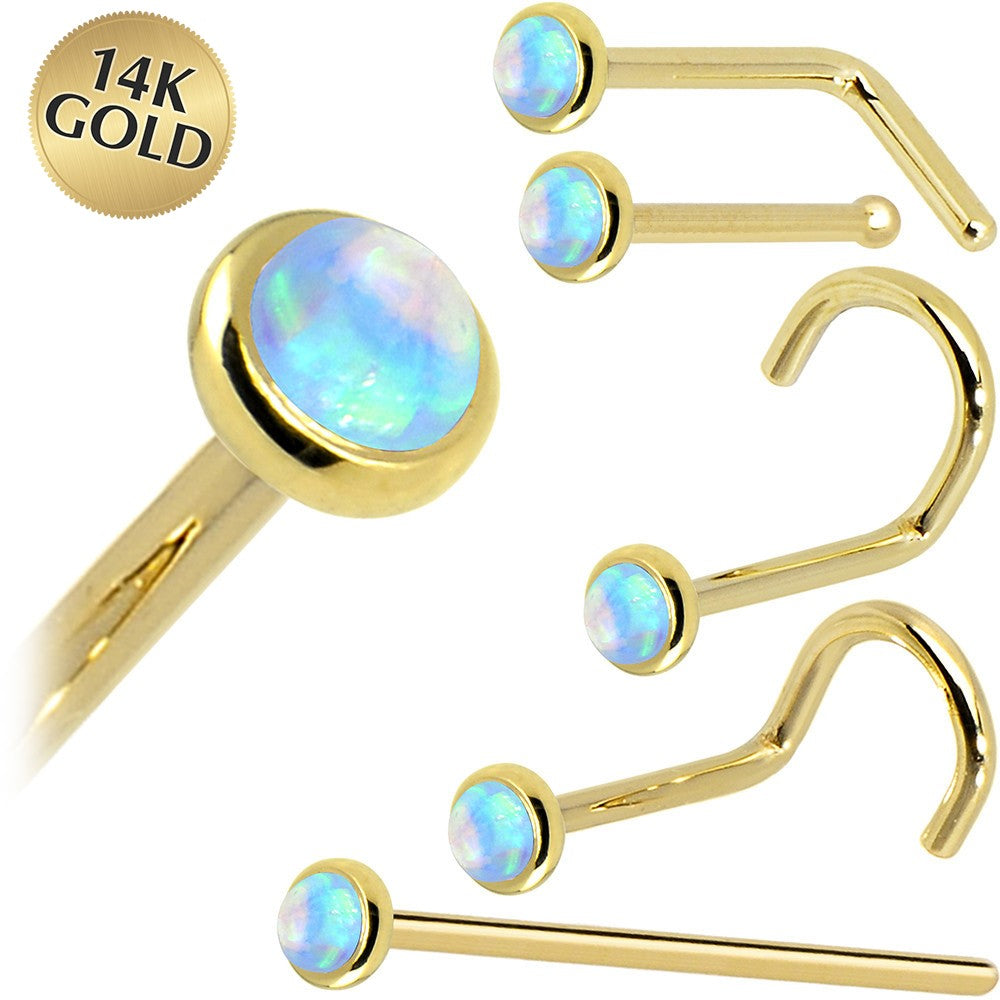 BodyCandy Solid 14K Yellow Gold 2mm Light Blue Synthetic Opal Nose Ring — main product shot