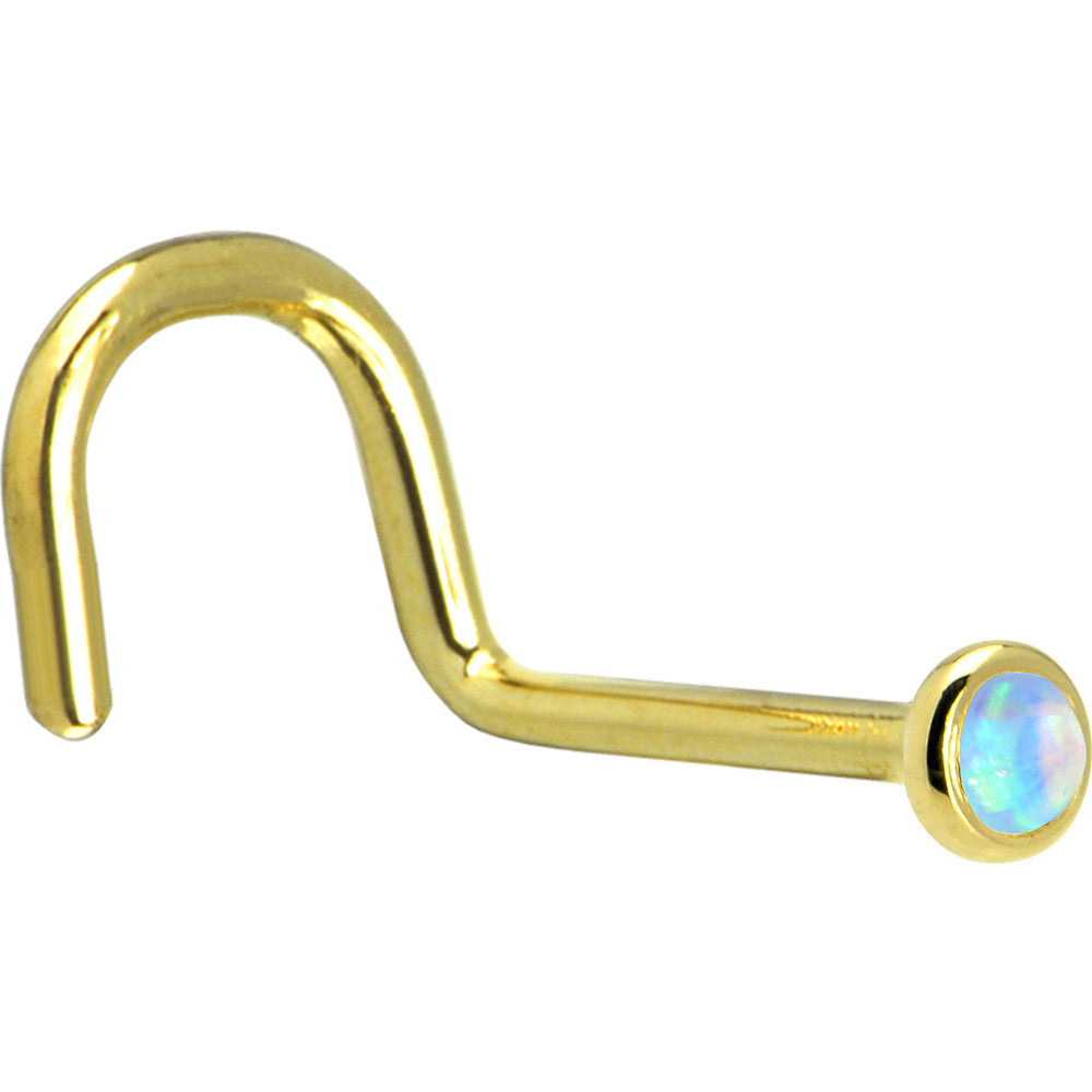 BodyCandy Solid 14K Yellow Gold 2mm Light Blue Synthetic Opal Nose Ring — detail close-up